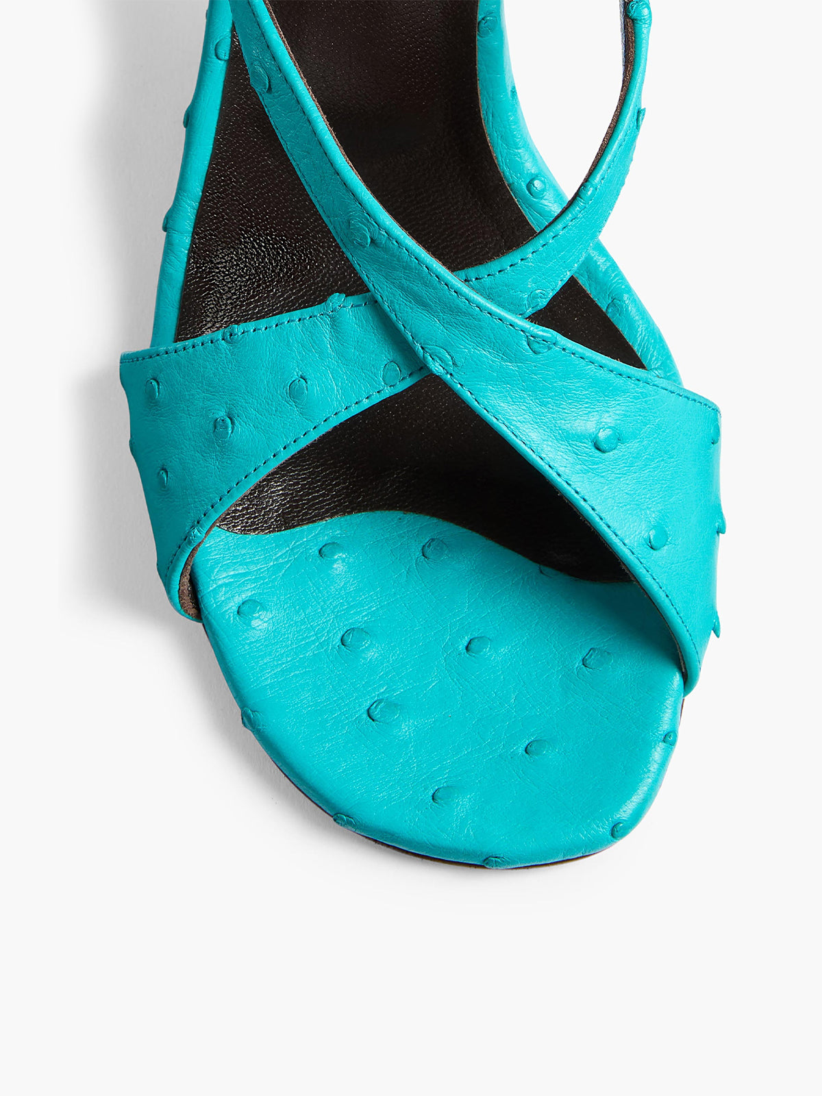Blue Ostrich Pattern Round-Toe Crossed Straps Back And Ankle Strap Sandals Kitten Heels