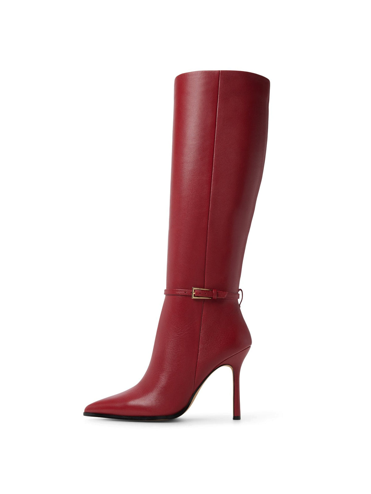 Red Pointed-Toe Buckle Strap Full-Zip Knee High Stiletto Boots