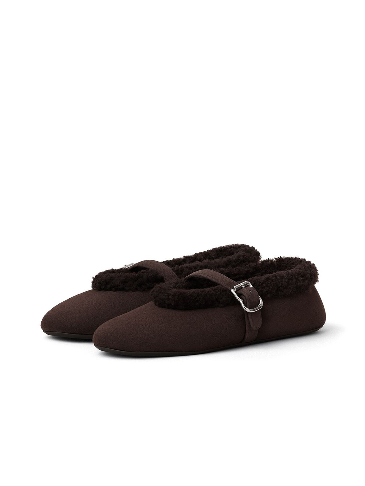 Dark Brown Faux Suede Round-Toe Mary Jane Ballet Flats With Plush