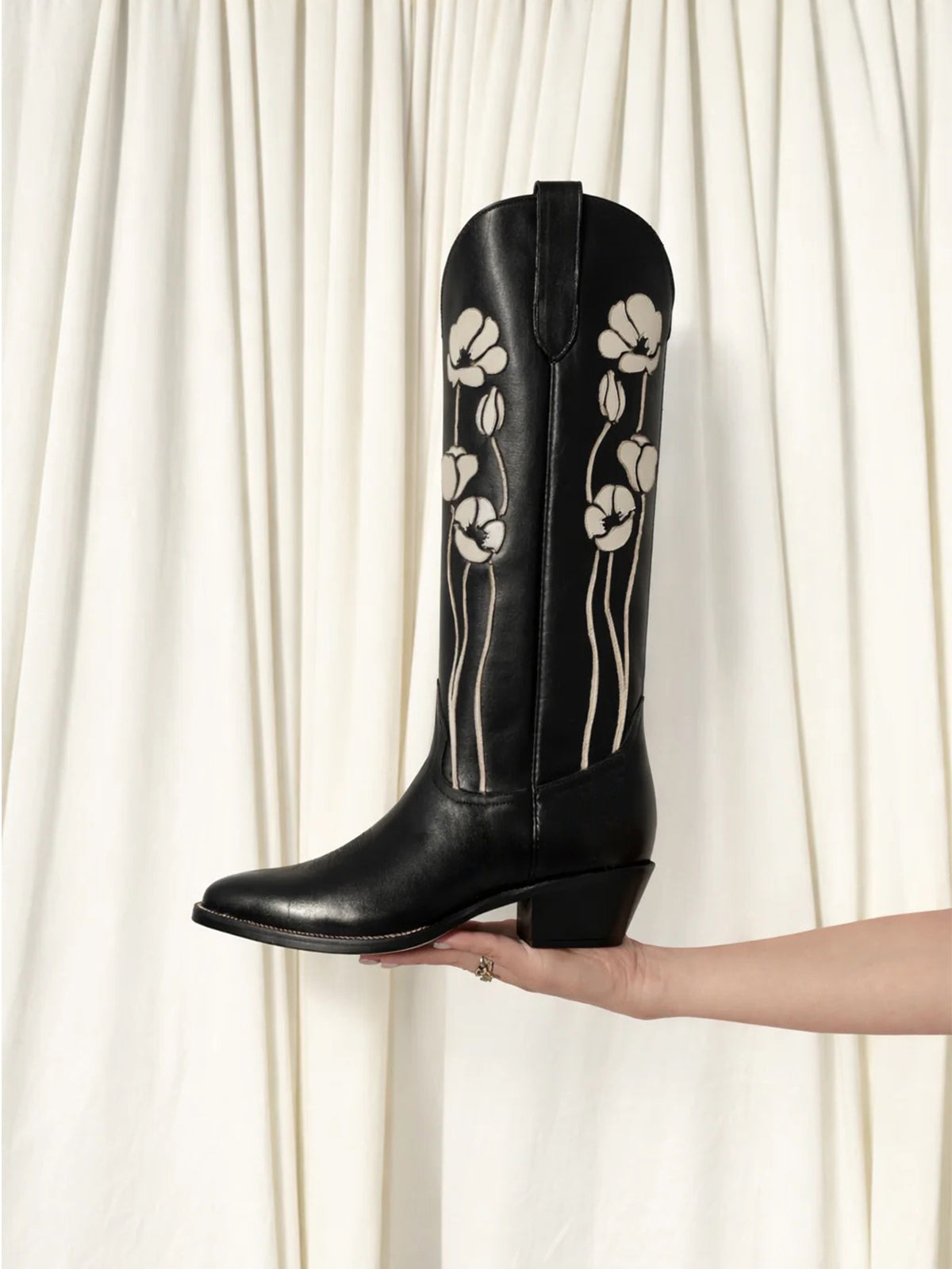 Black Almond-Toe Flowers Applique Wide Calf Knee High Chic Cowgirl Boots