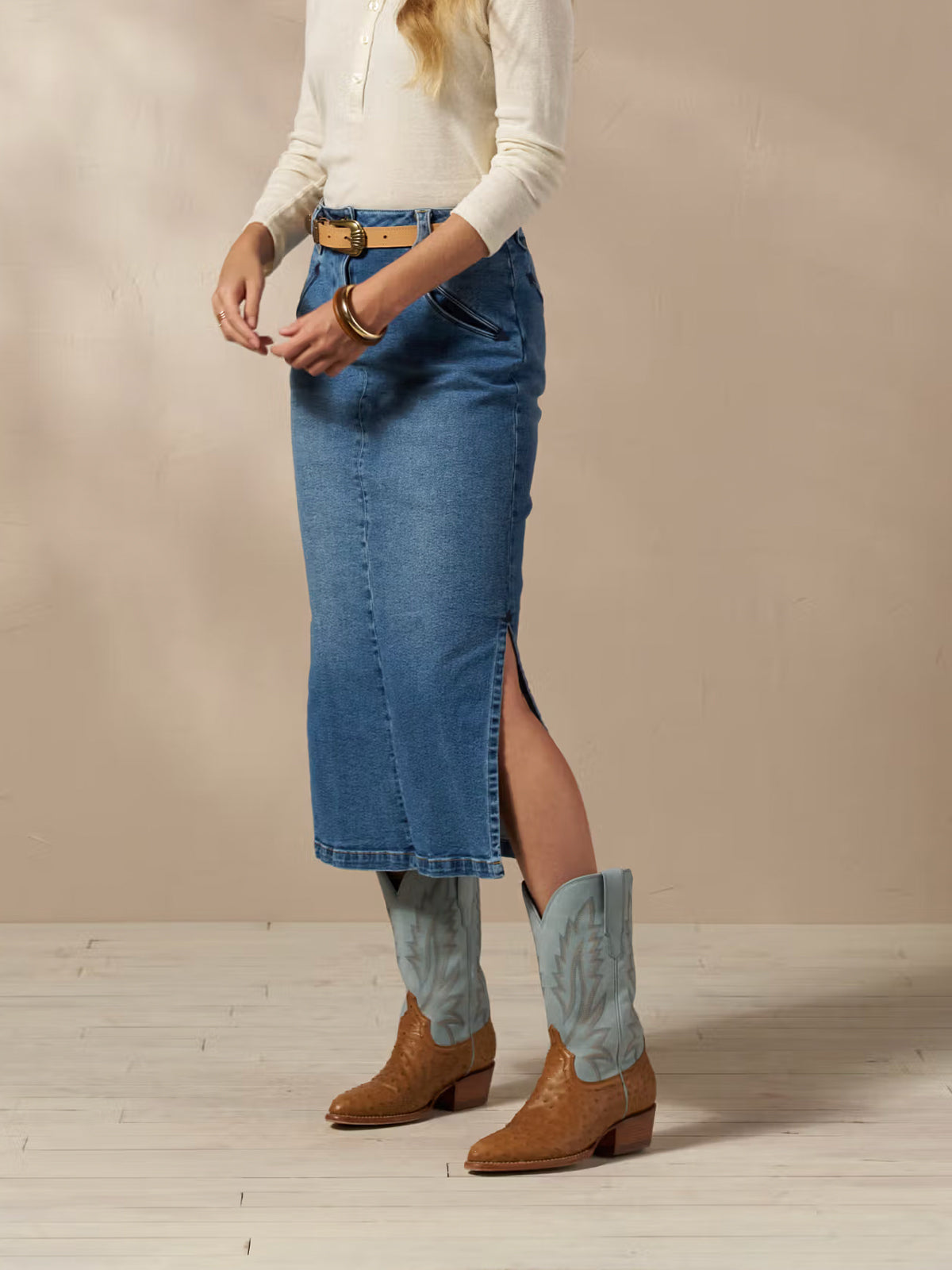 Contrast Blue And Tan Ostrich Print Almond-Toe Embroidery Mid Calf Cowgirl Boots