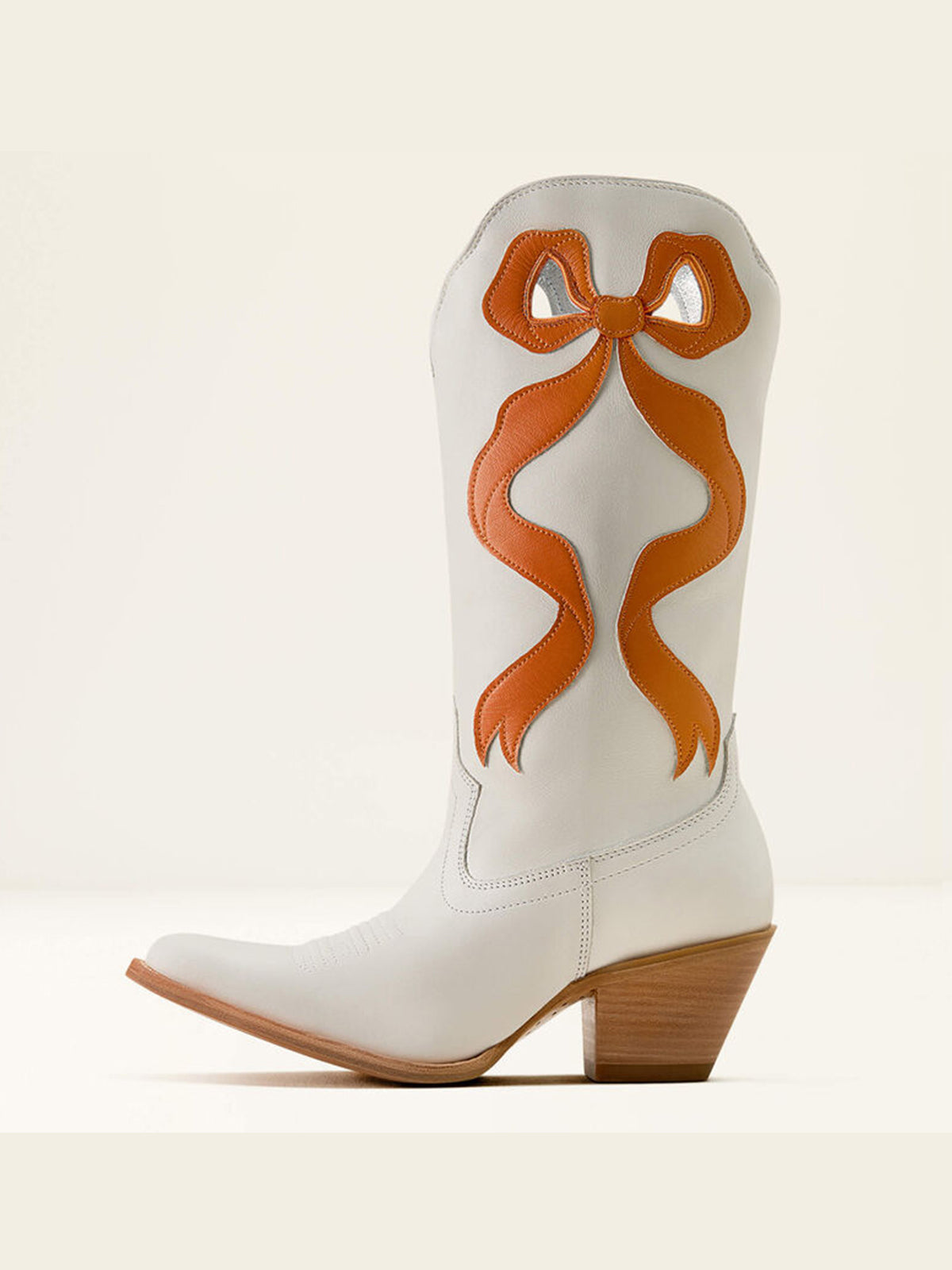 Ivory Almond-Toe Orange Side Big Bow Applique Mid Calf Cowgirl Boots