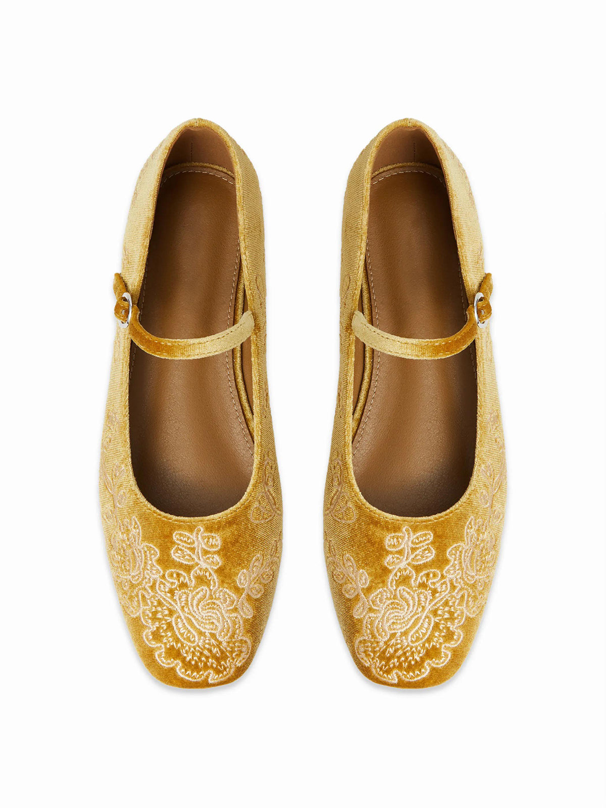 Ginger Yellow Velvet Square-Toe Leaves Embroidery Chic Mary Jane Ballet Flats
