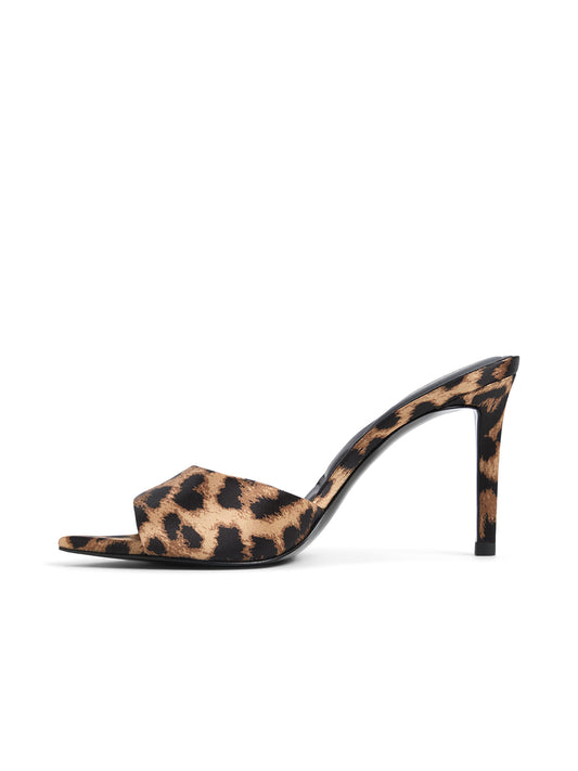 Leopard Satin Open Pointed-Toe Slip-On Backless High Heels