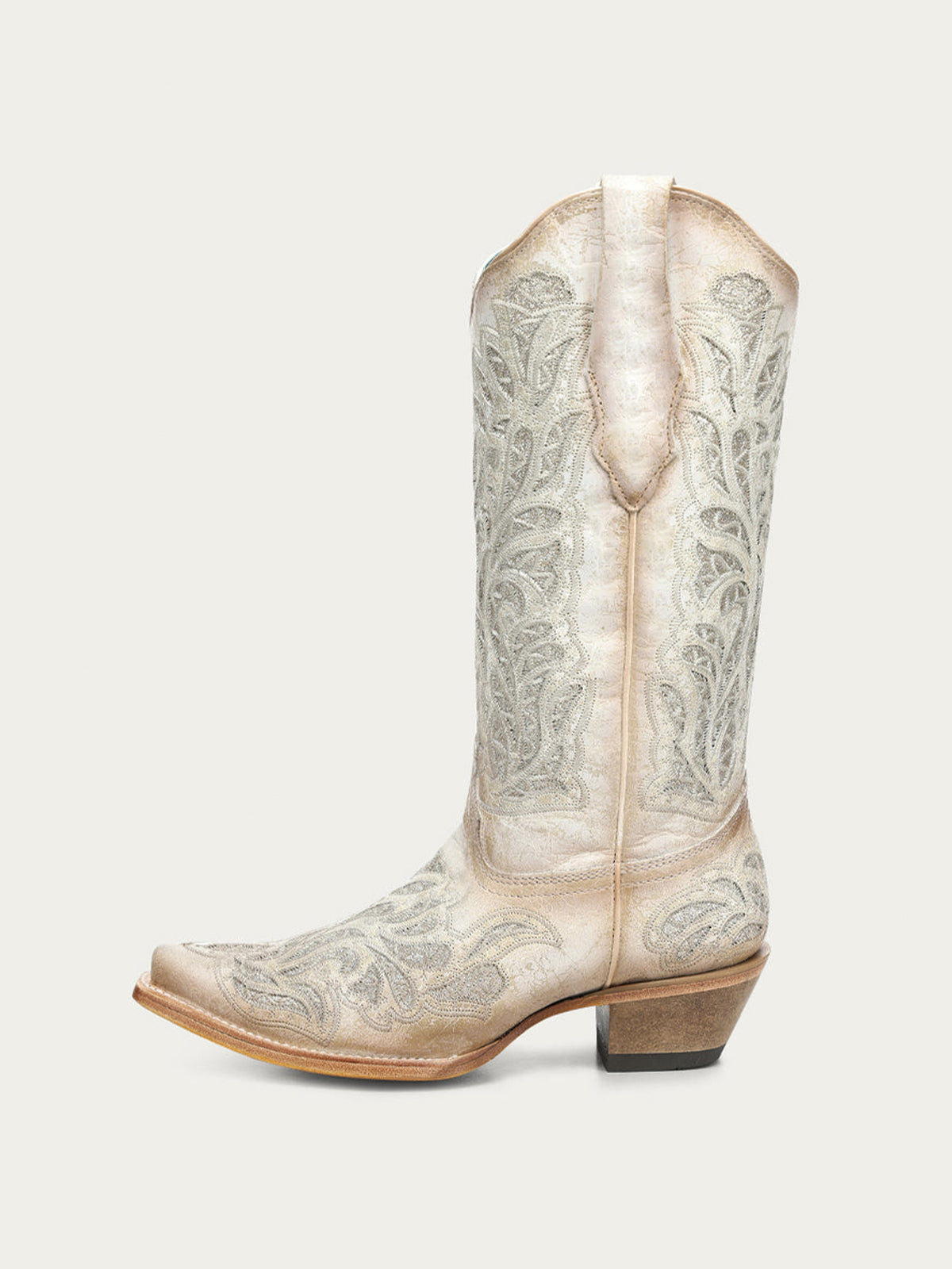 Distressed Ivory Snip-Toe Glitter Inlay And Embroidery Mid Calf Cowgirl Boots
