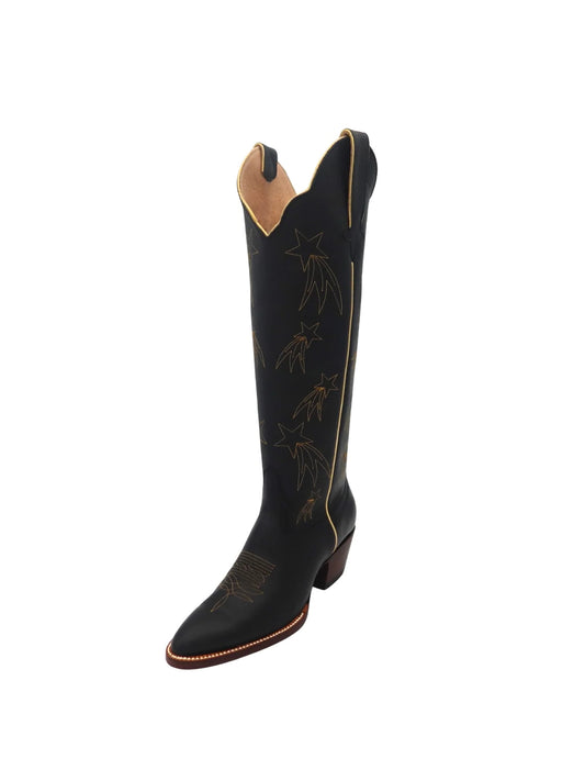 Black Almond-Toe Shooting Stars Embroidery Wide Calf Knee High Cowgirl Boots