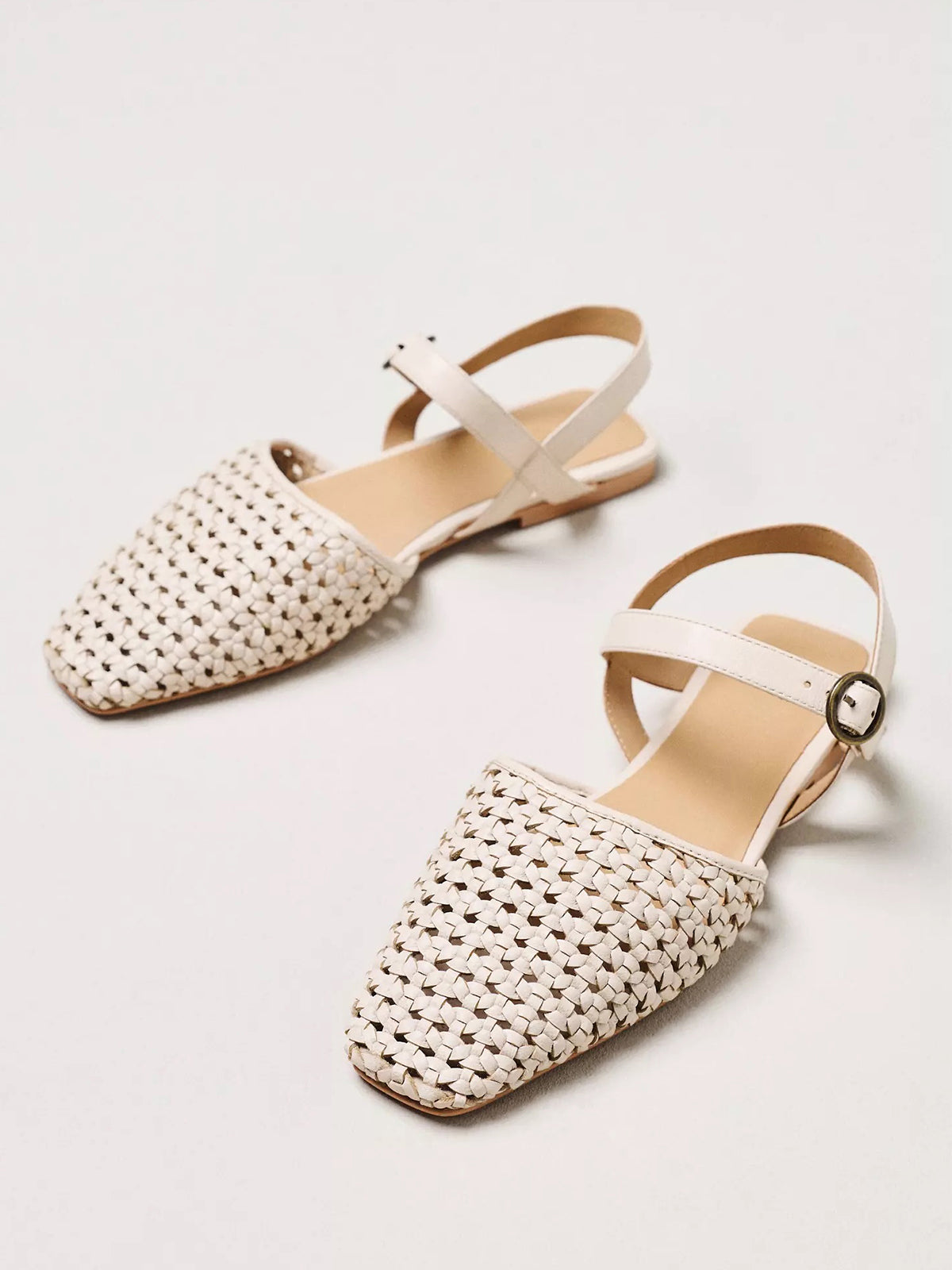 Cream Vegan Leather Woven Square-Toe Ankle Strap Flats