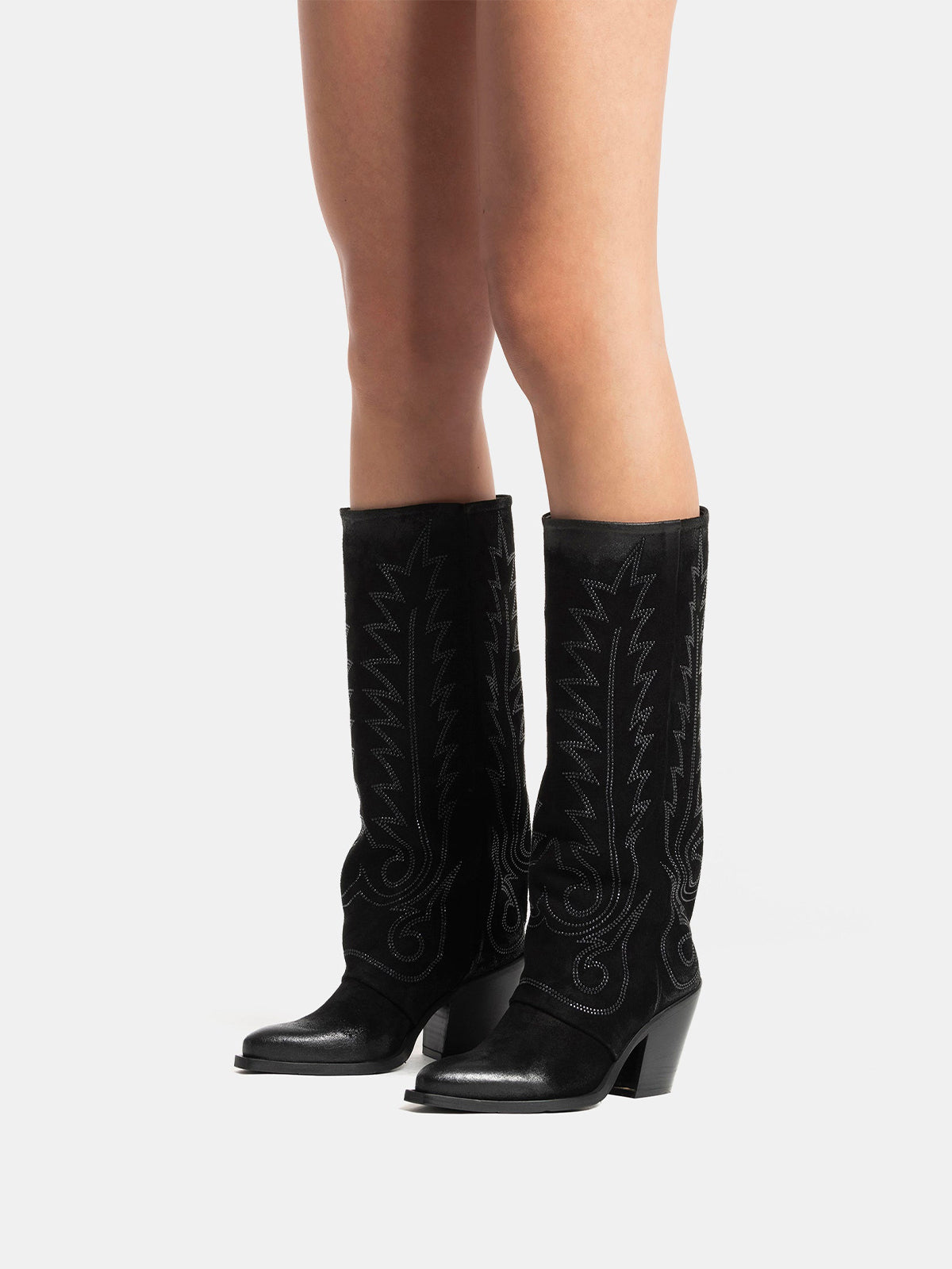 Black Snip-Toe Faux Suede Classic Embroidery Mid Calf Cowgirl Boots