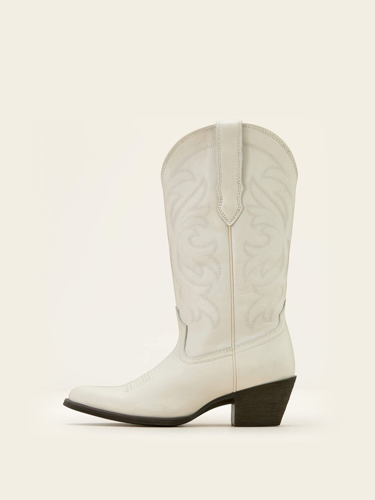 Mid Calf Almond-Toe Embroidery Cowgirl Boots - Cream