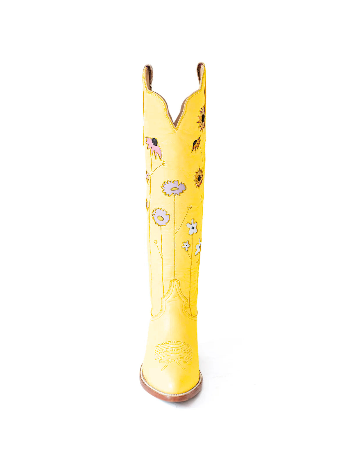 Yellow Almond-Toe Colorful Flowers Inlay Wide Calf Knee High Cowgirl Boots