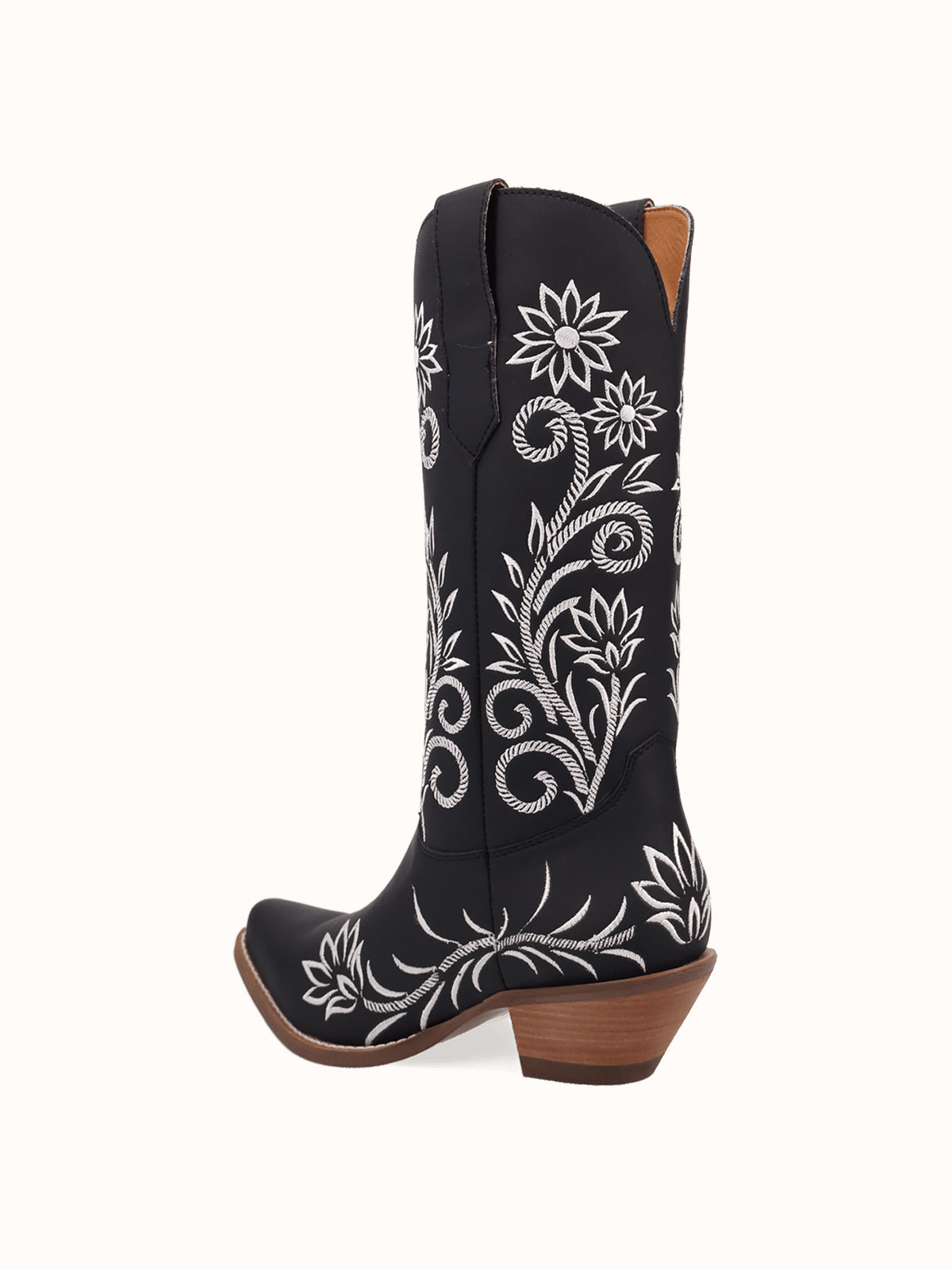 Black Snip-Toe White Flowers Embroidery Chic Mid Calf Cowgirl Boots