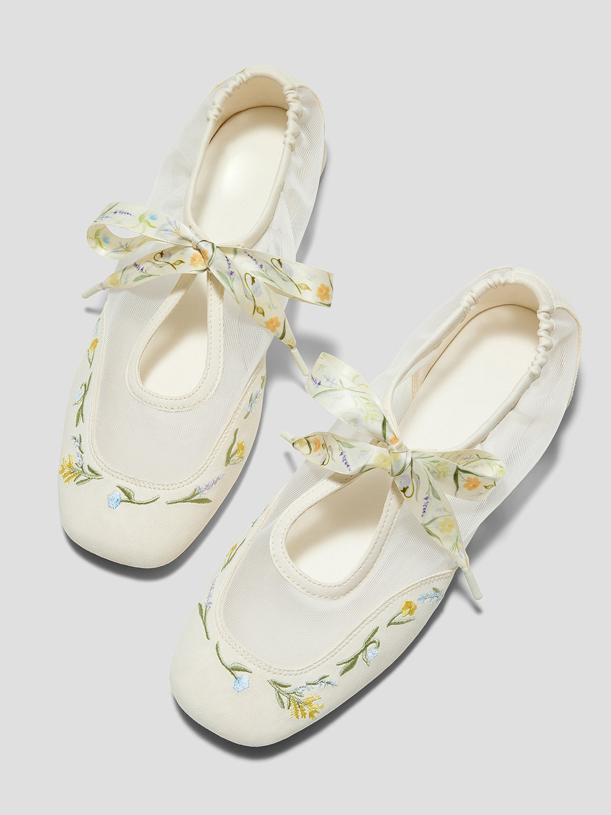 Cream Mesh And Faux Suede Square-Toe Floral Embroidery Bridge Bow Strap Flats
