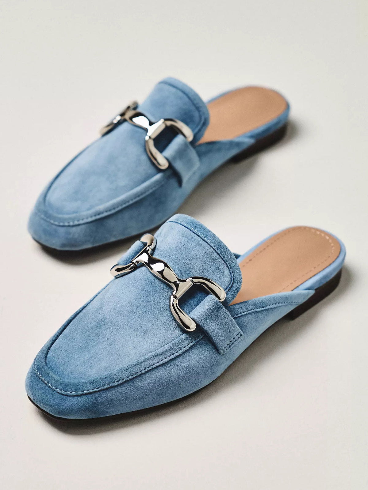Blue Faux Suede Square-Toe Slip-On Front Metal Detail Flats Loafers