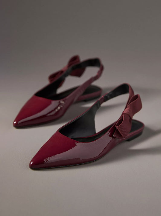 Patent Wine Red Pointed-Toe Side-Bow Slingback Flats
