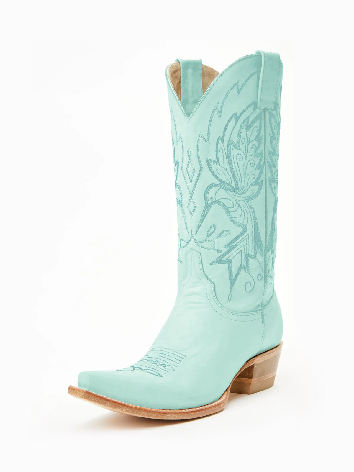 Светлоцианови каубойски ботуши с къси пръсти и бродерия с ярки птици до средата на прасеца