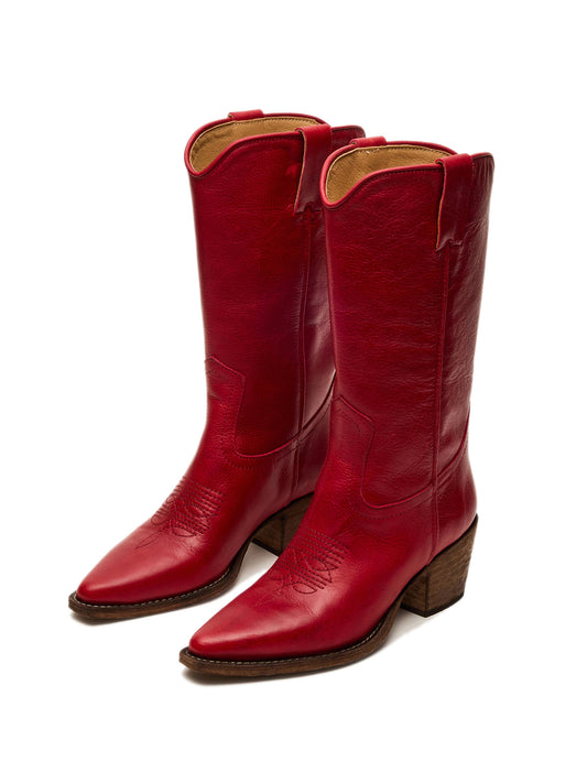 Red Pointed-Toe Simple Mid Calf Cowgirl Boots