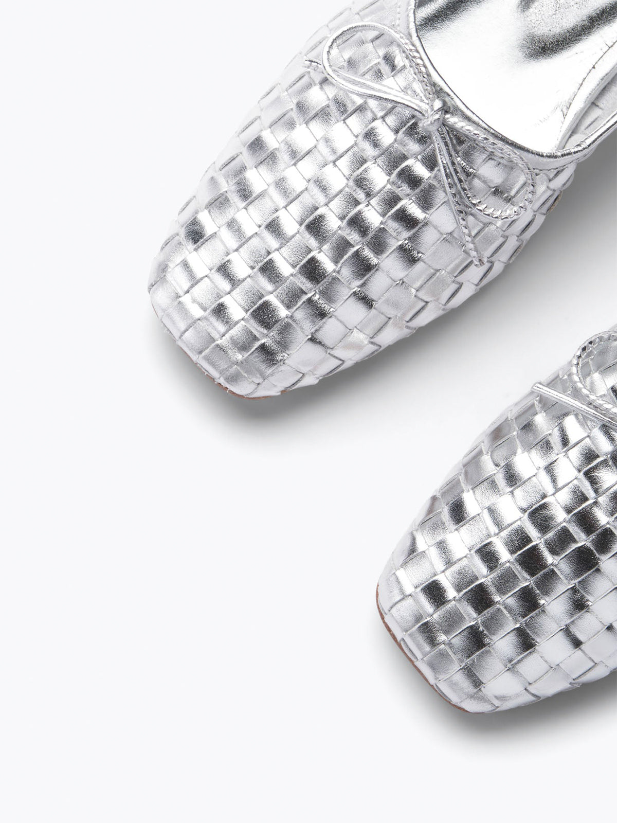 Vegan Leather Woven Square-Toe Bow Ballet Flats - Metallic Silver