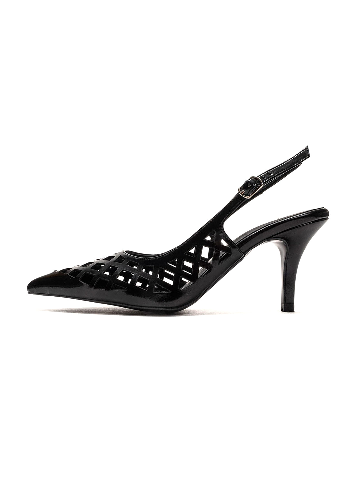 Black Pointed-Toe Cutout Chic Buckle Back Strap Kitten Heels