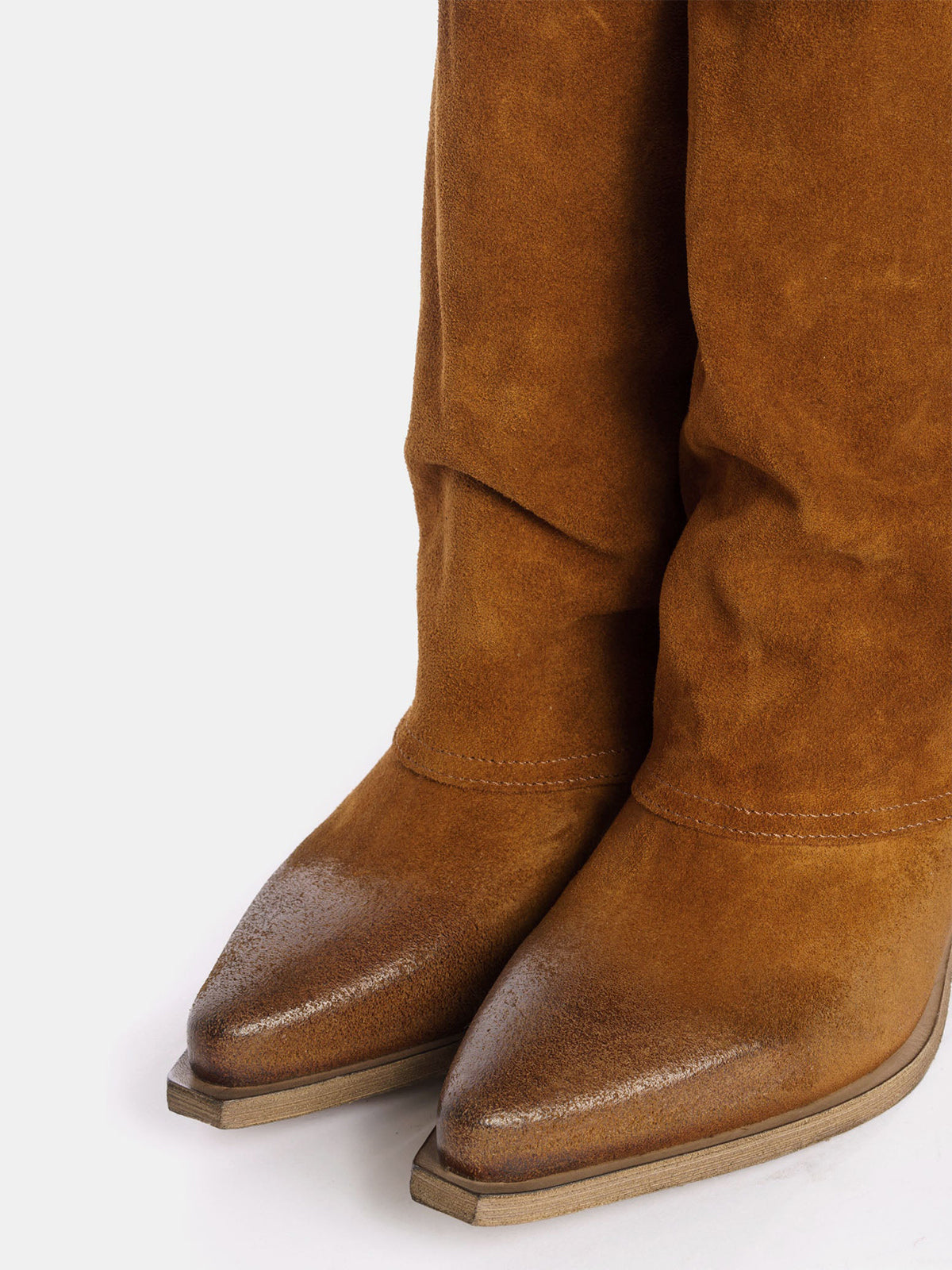 Brown Faux Suede Snip-Toe Mid Calf Fold-Over Cowgirl Boots