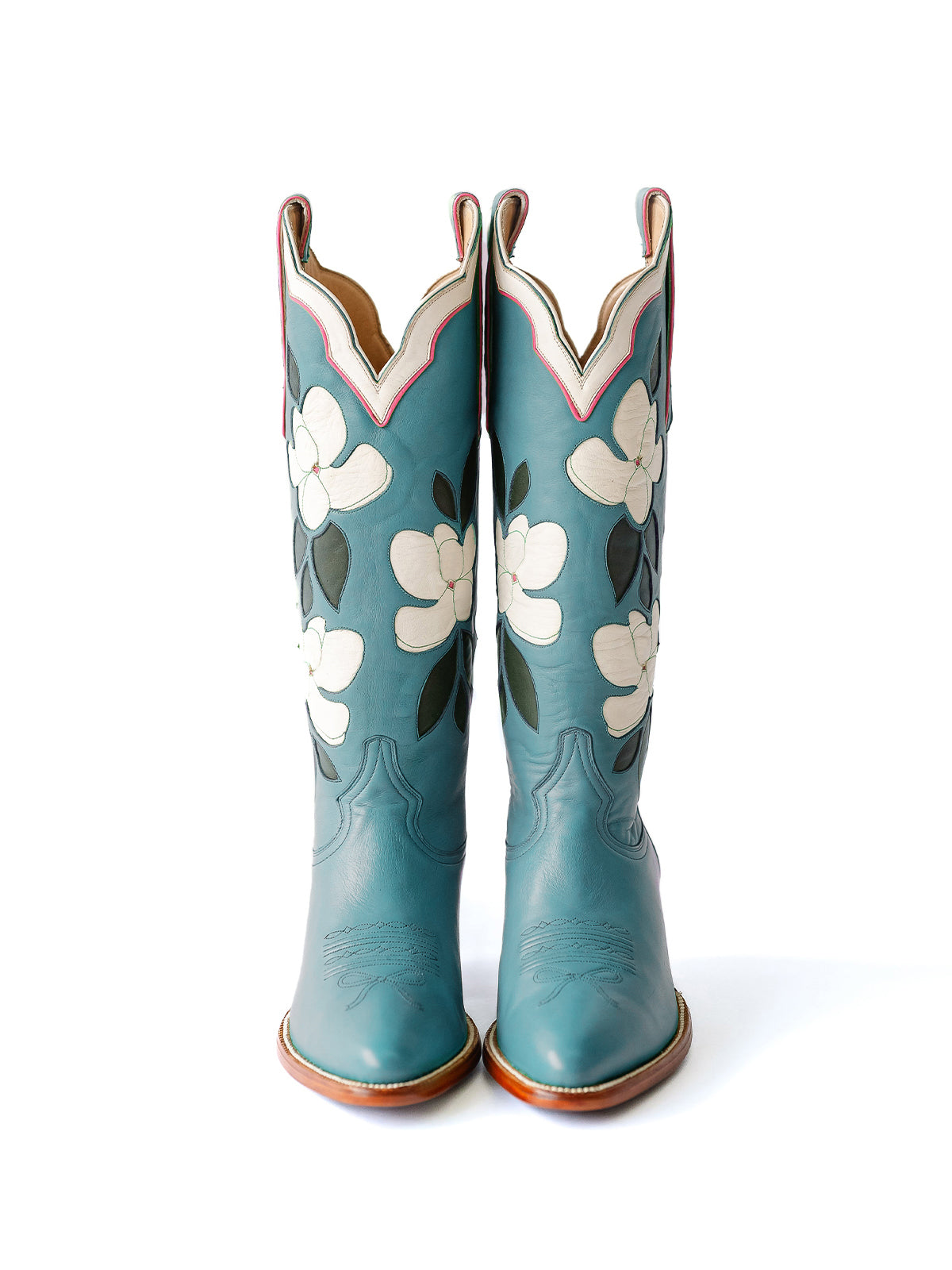 Ink Blue Almond-Toe White Flower Inlay Wide Calf Knee High Cowgirl Boots