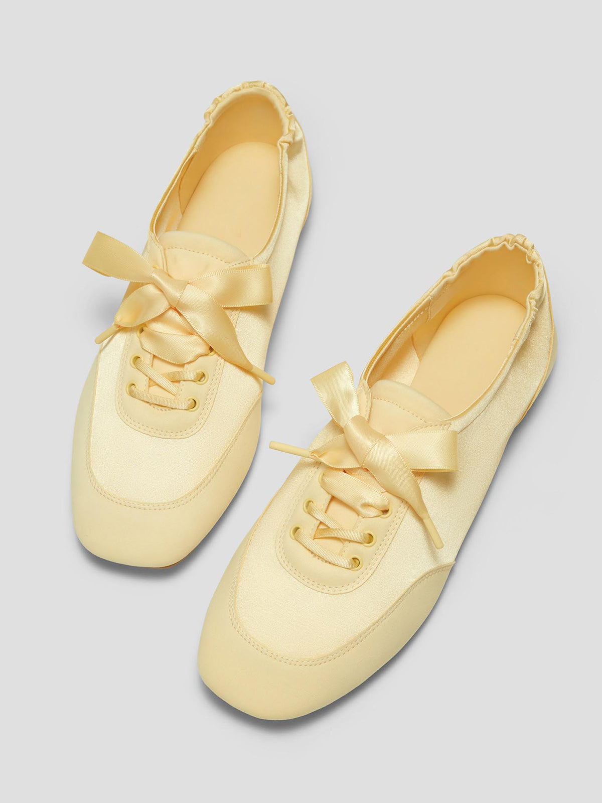 Yellow Satin And Faux Suede Square-Toe Floral Embroidery Lace-Up Flats