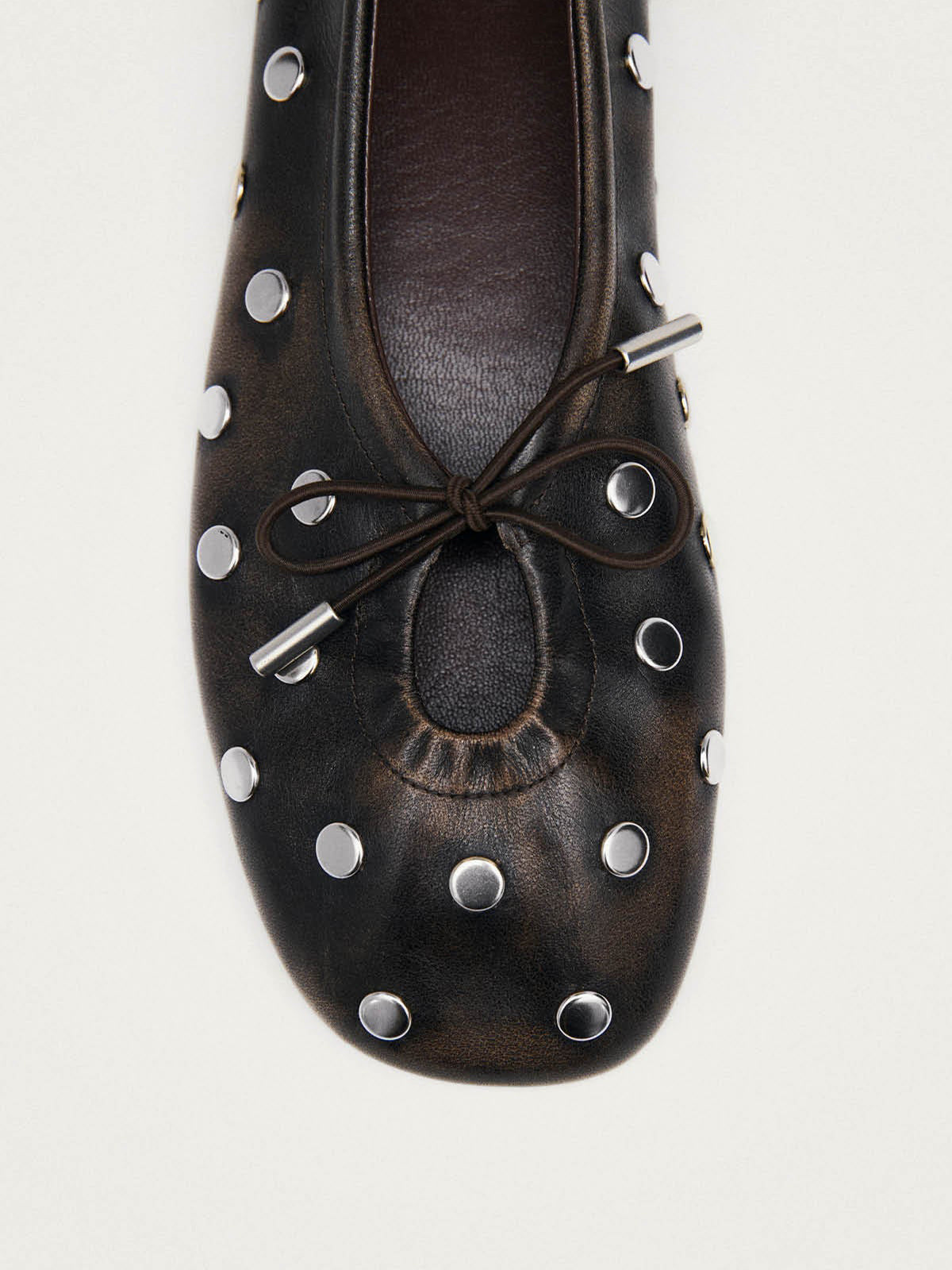 Brown Square-Toe Full Studs And Front Bow Chic Ballet Flats