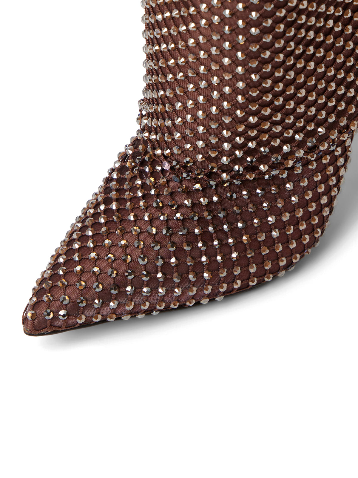 Dark Brown Mesh Satin Pointed-Toe Rhinestone Knee High Stiletto Boots
