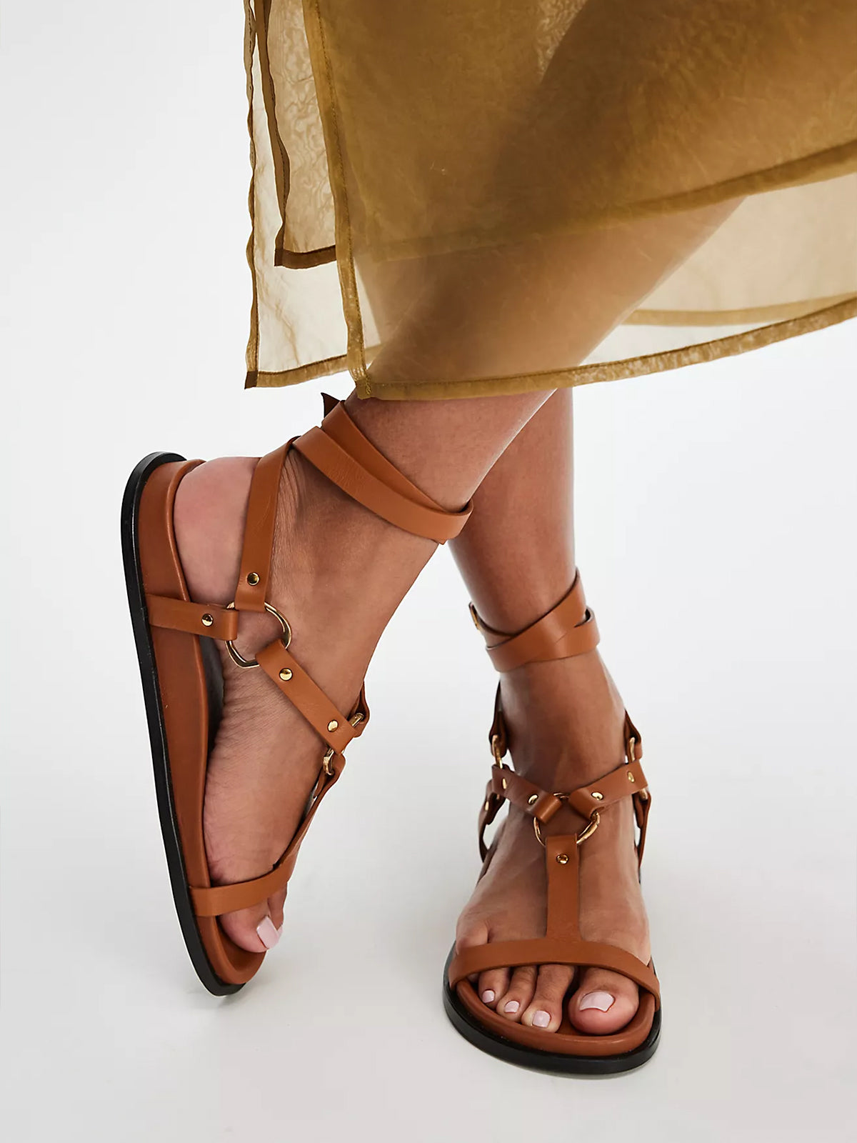 Tan Round-Toe D-rings And Studs Strappy Sandals