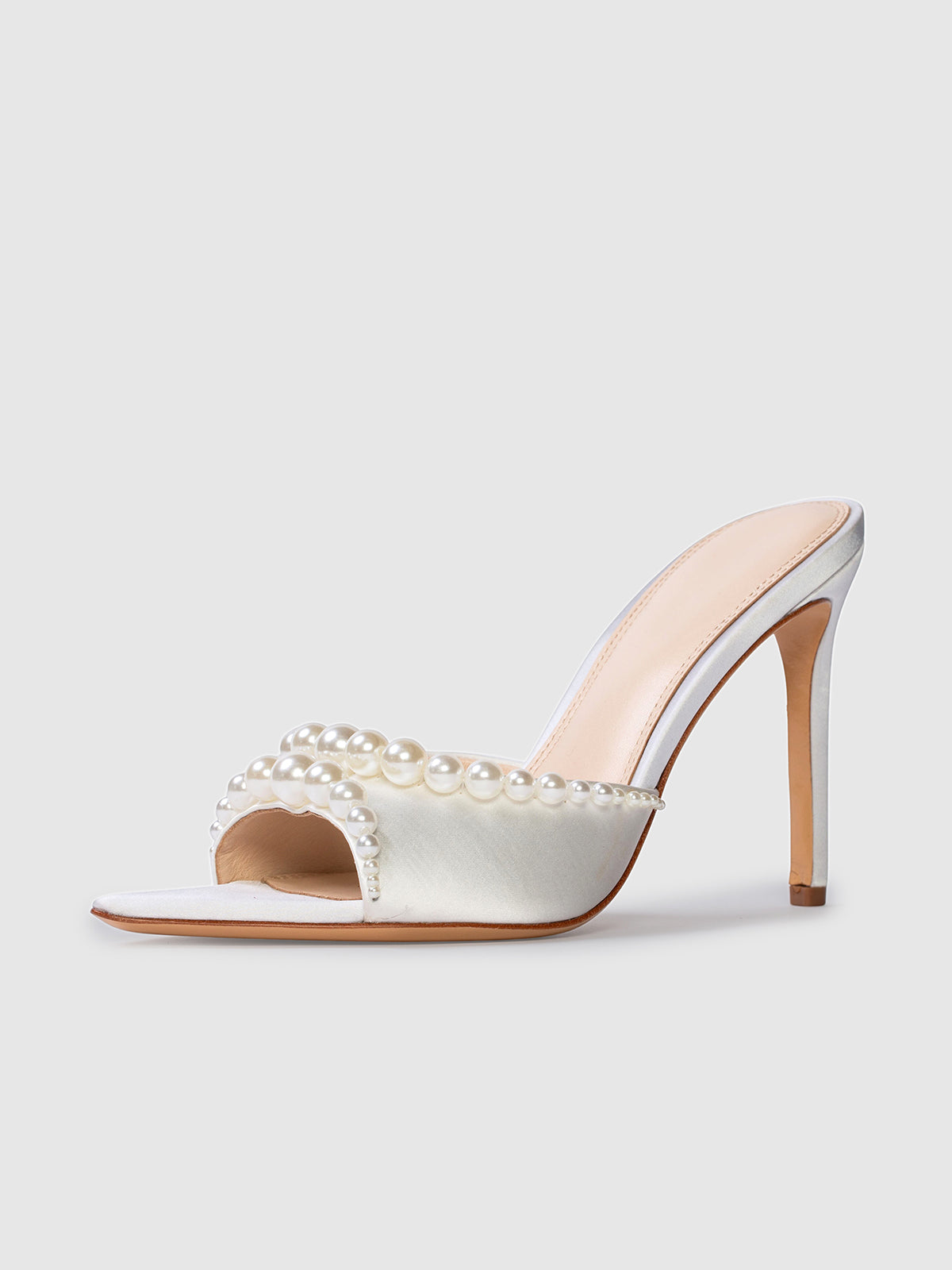 White Satin Pointed-Toe Front Pearl High Heels