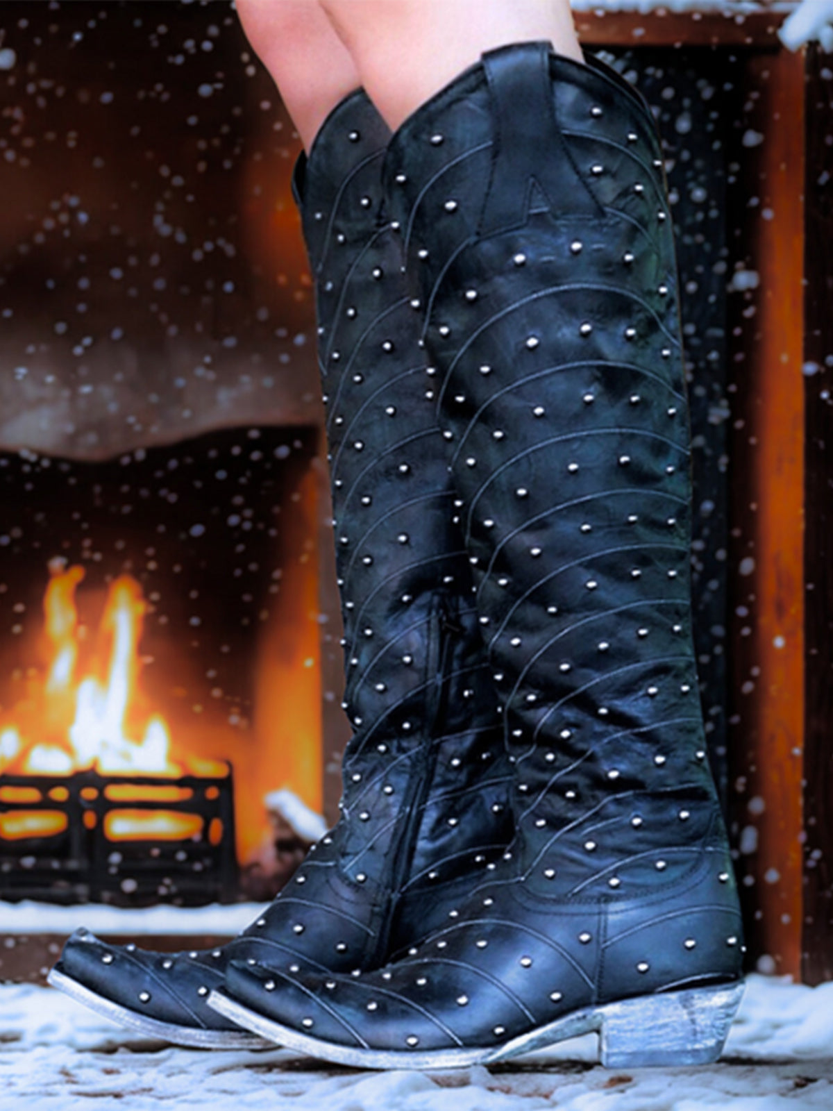 Black Snip-Toe Embroidery And Full Studs Half-Zip Knee High Cowgirl Boots