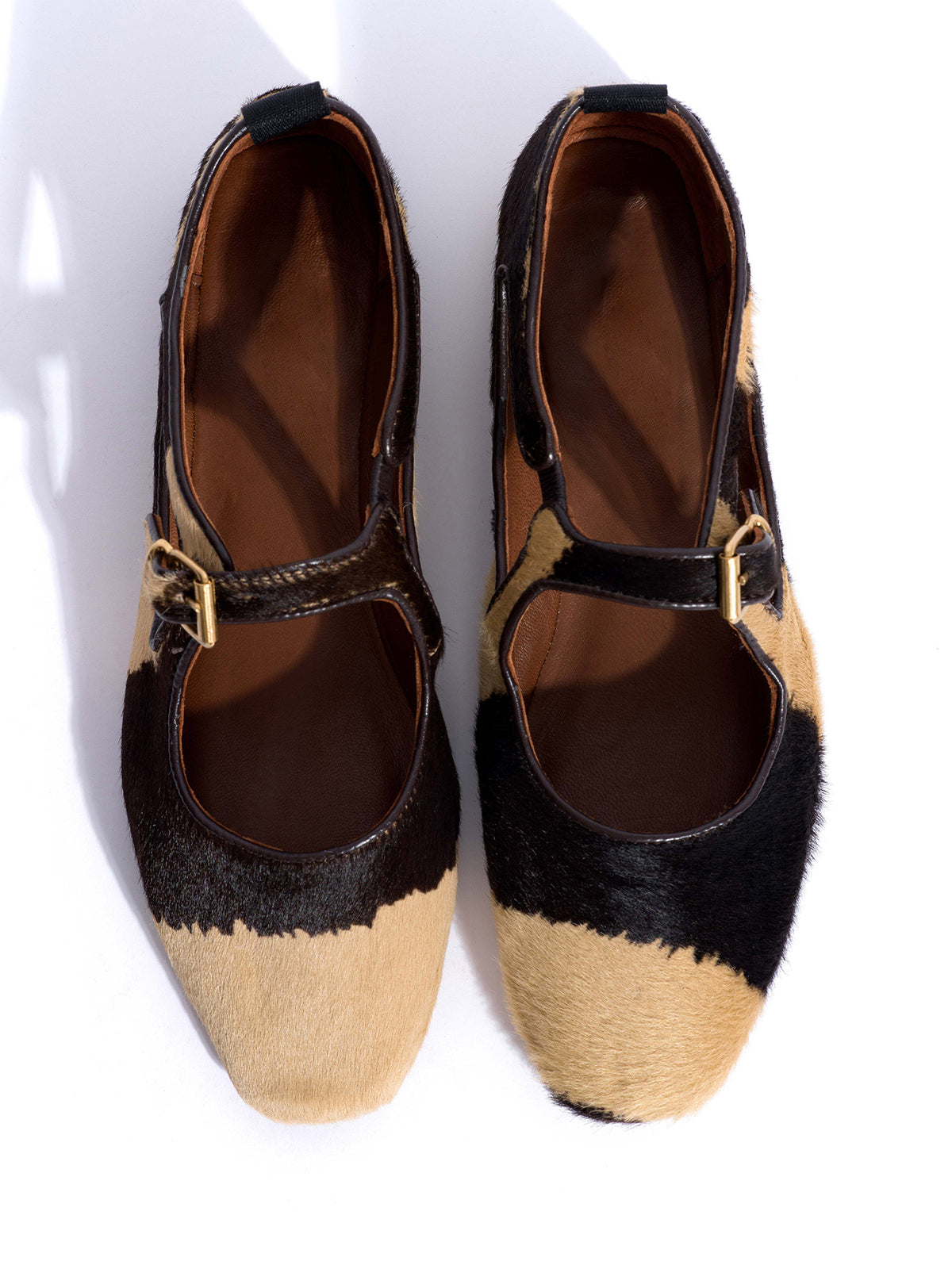 Square-Toe Buckle Strap Chic Flats - Zebra Pony Hair Vegan Leather