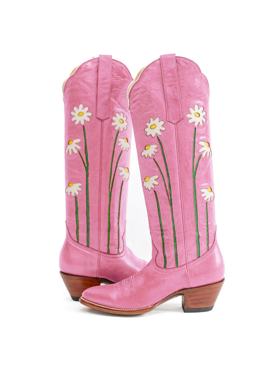 Pink Almond-Toe Wide Calf Western Boots Knee High Tall Boots With Floral Inlay
