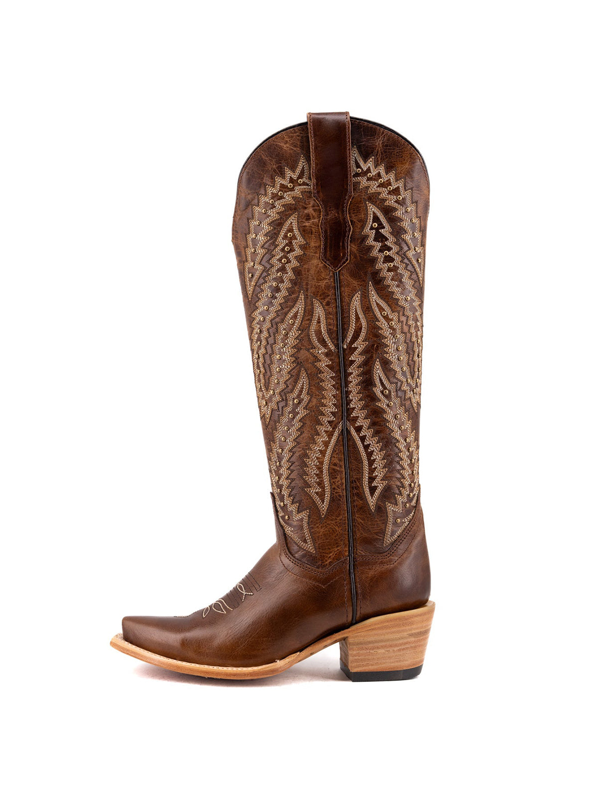 Brown Snip-Toe Embroidery And Studs Wide Calf Knee High Cowgirl Boots For Woman