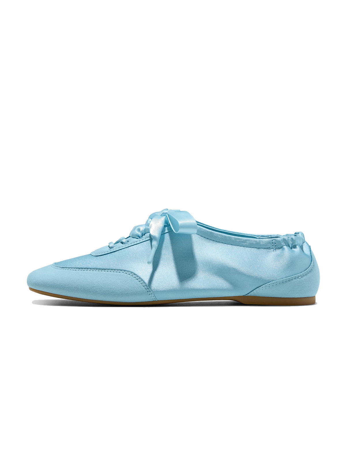 Blue Satin And Faux Suede Square-Toe Floral Embroidery Lace-Up Flats