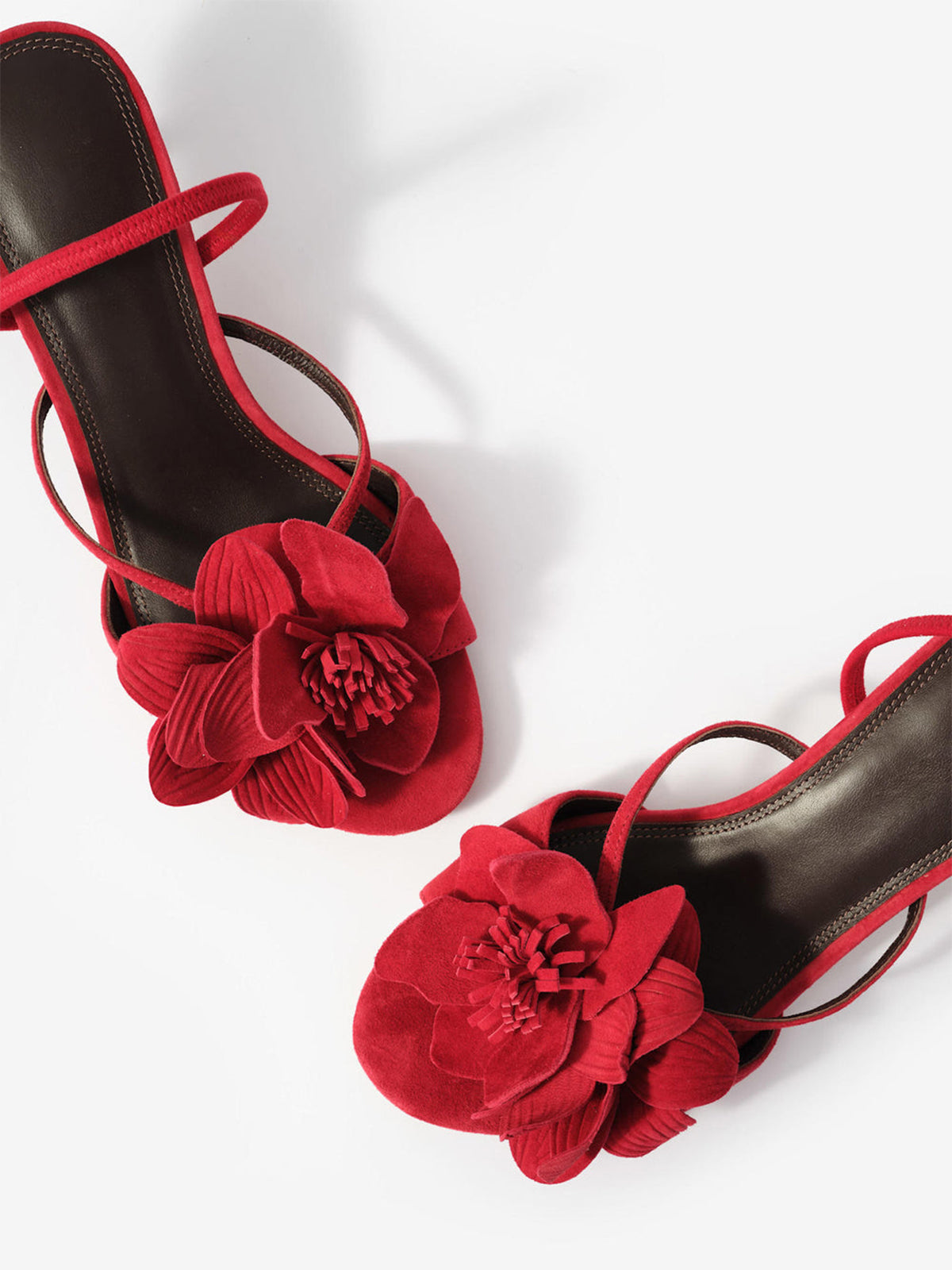 Red Cow Suede Round-Toe Front 3D Flower Detail Back Strap Kitten Heels