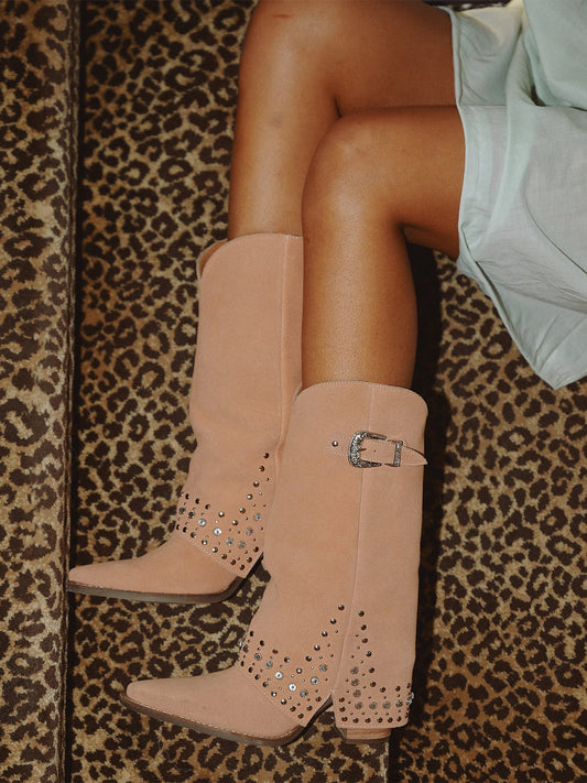 Peach Faux Suede Snip-Toe Fold-Over Rhinestones Top Buckle Mid Calf Cowgirl Boots