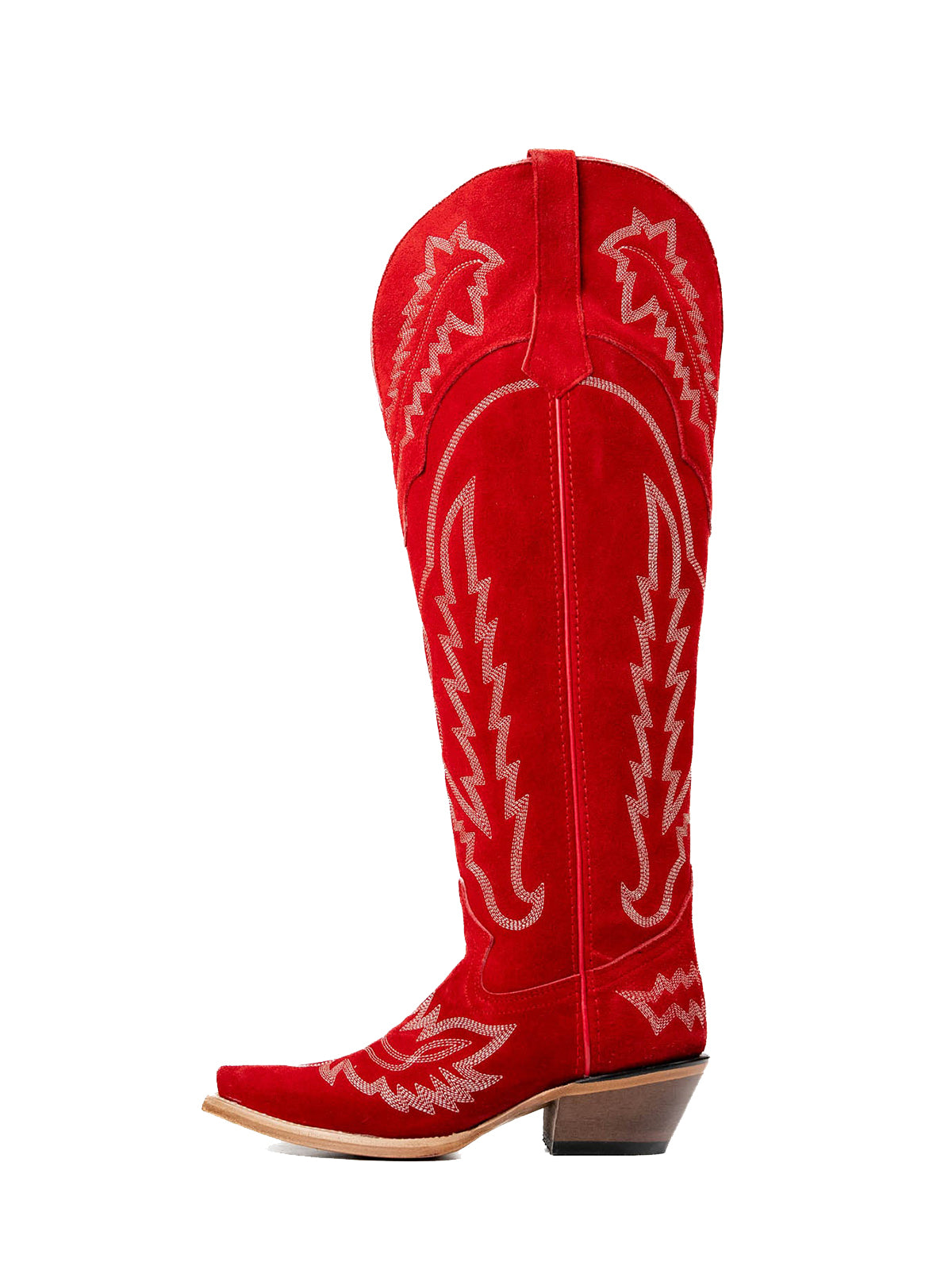 Red Faux Suede Snip-Toe Classic Embroidery Half-Zip Over-The-Knee Cowgirl Boots