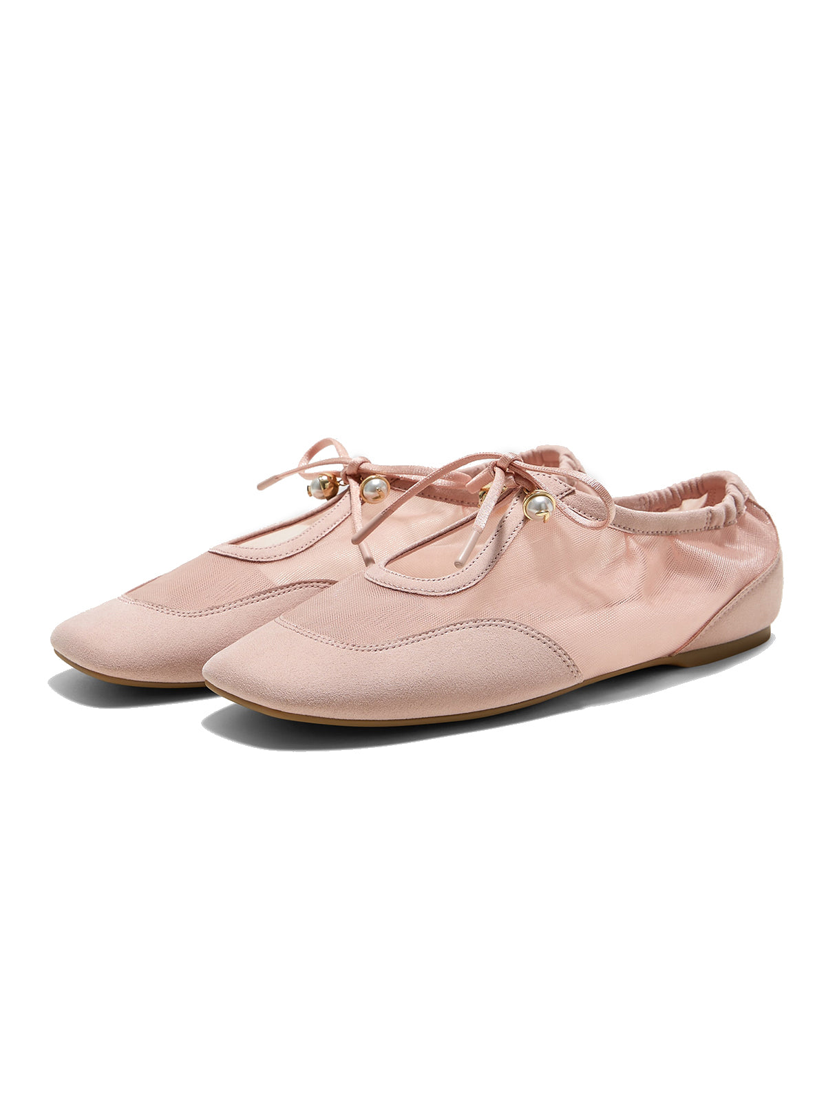 Blush Pink Mesh And Faux Suede Square-Toe Floral Embroidery Bridge Bow Strap Flats