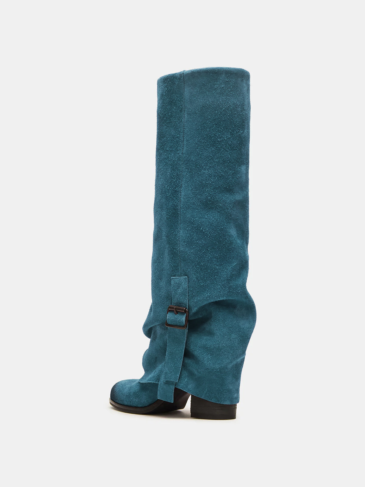 Ultramarine Faux Suede Round-Toe Fold-Over Adjustable Buckle Knee High Cowgirl Boots