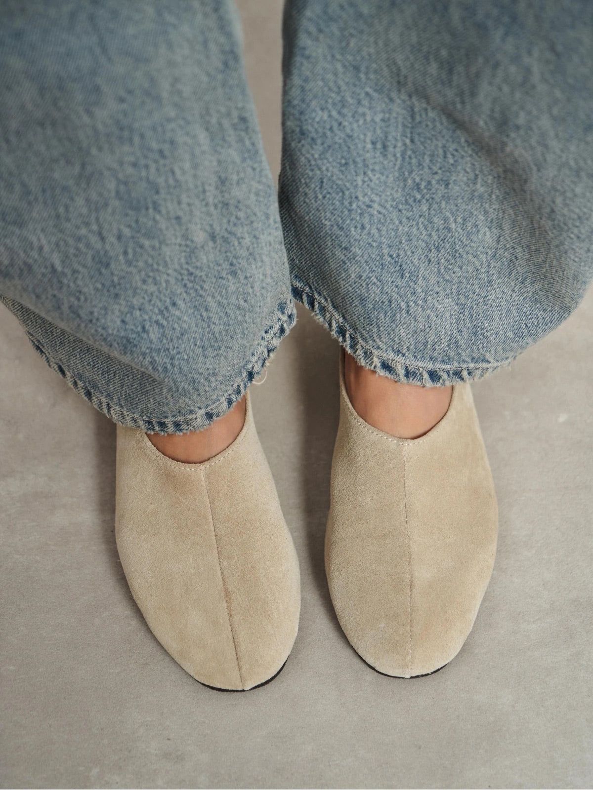 Beige Cow Suede Round-Toe Slip-On Simple Flats