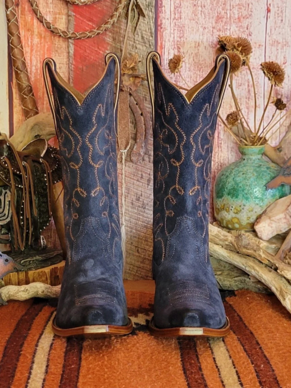 Faux Suede Embroidery Snip-Toe Wide Mid Calf Cowgirl Boots - Dark Blue