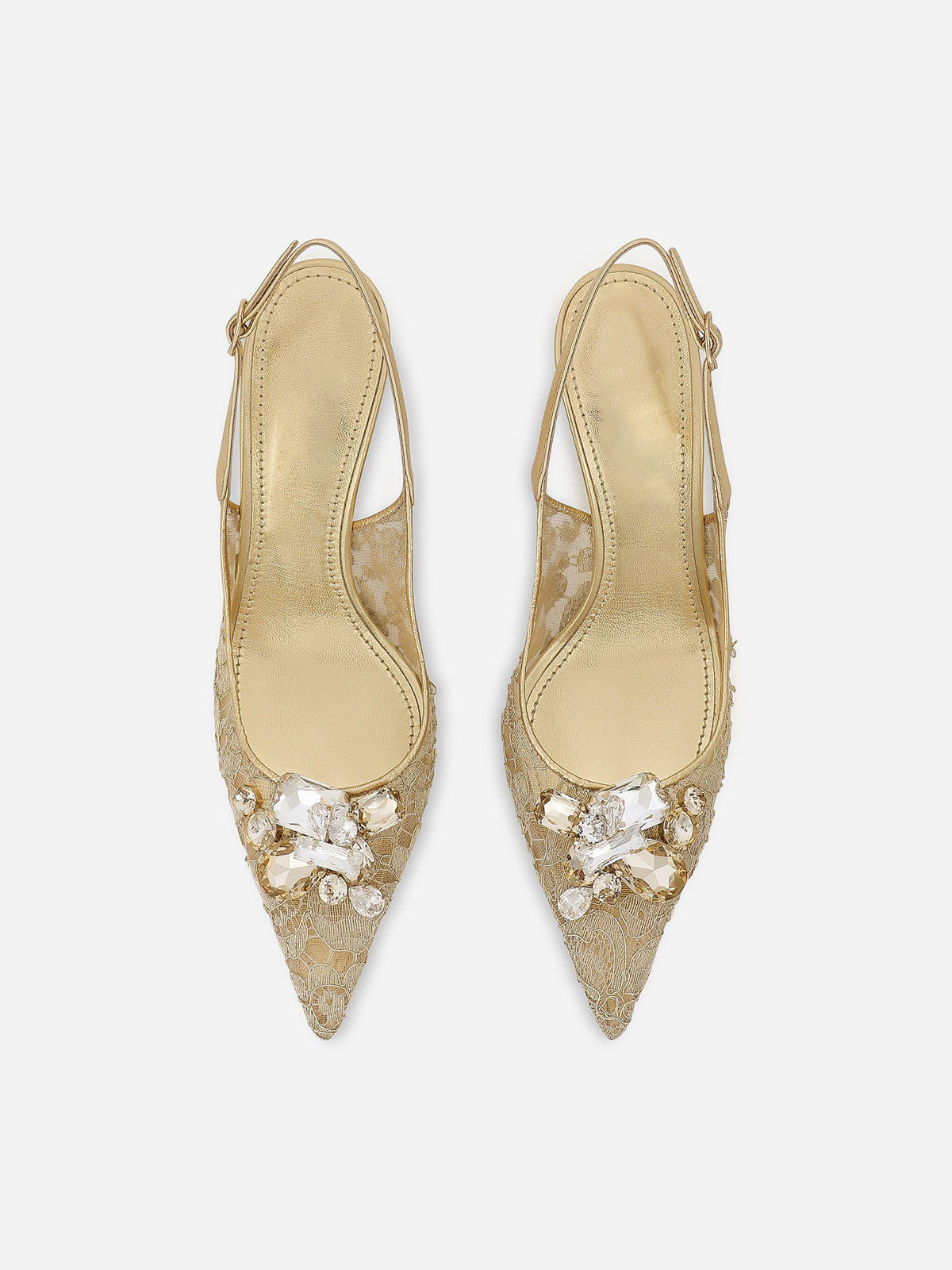 Gold Lace Mesh Pointed-Toe Front Crystals Slingback High Heels Pumps