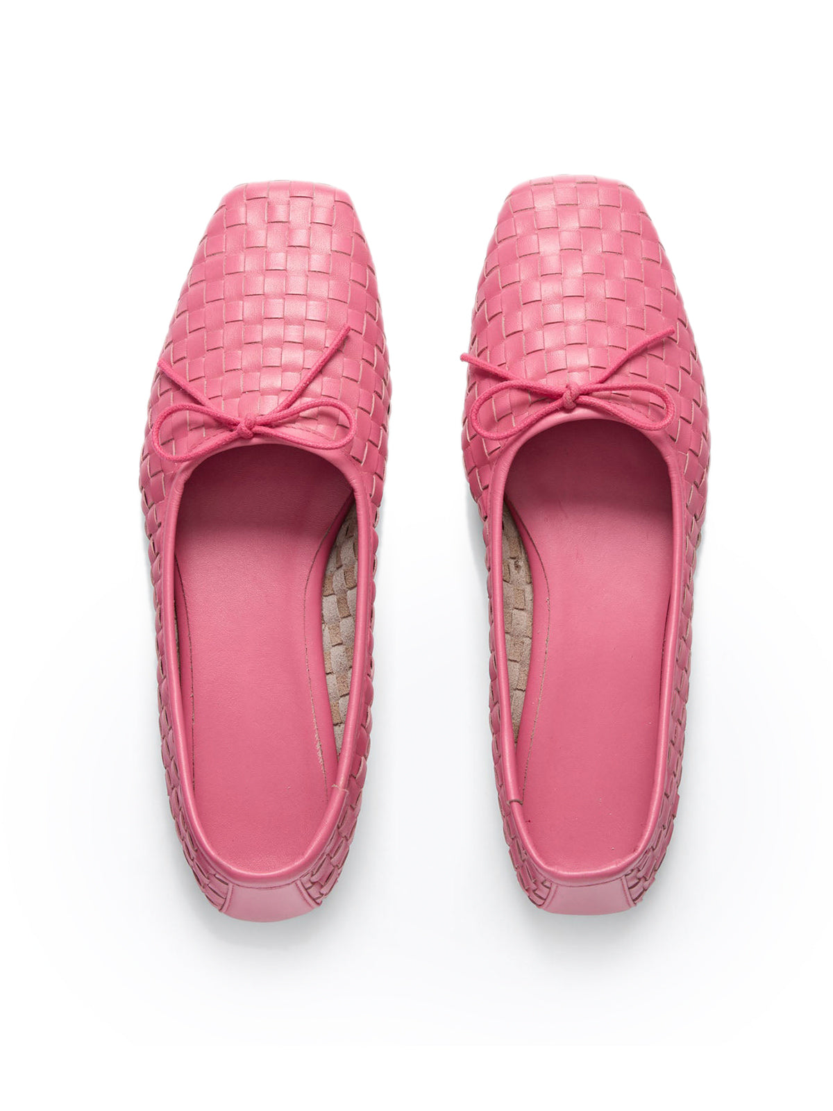Vegan Leather Woven Square-Toe Bow Ballet Flats - Pink