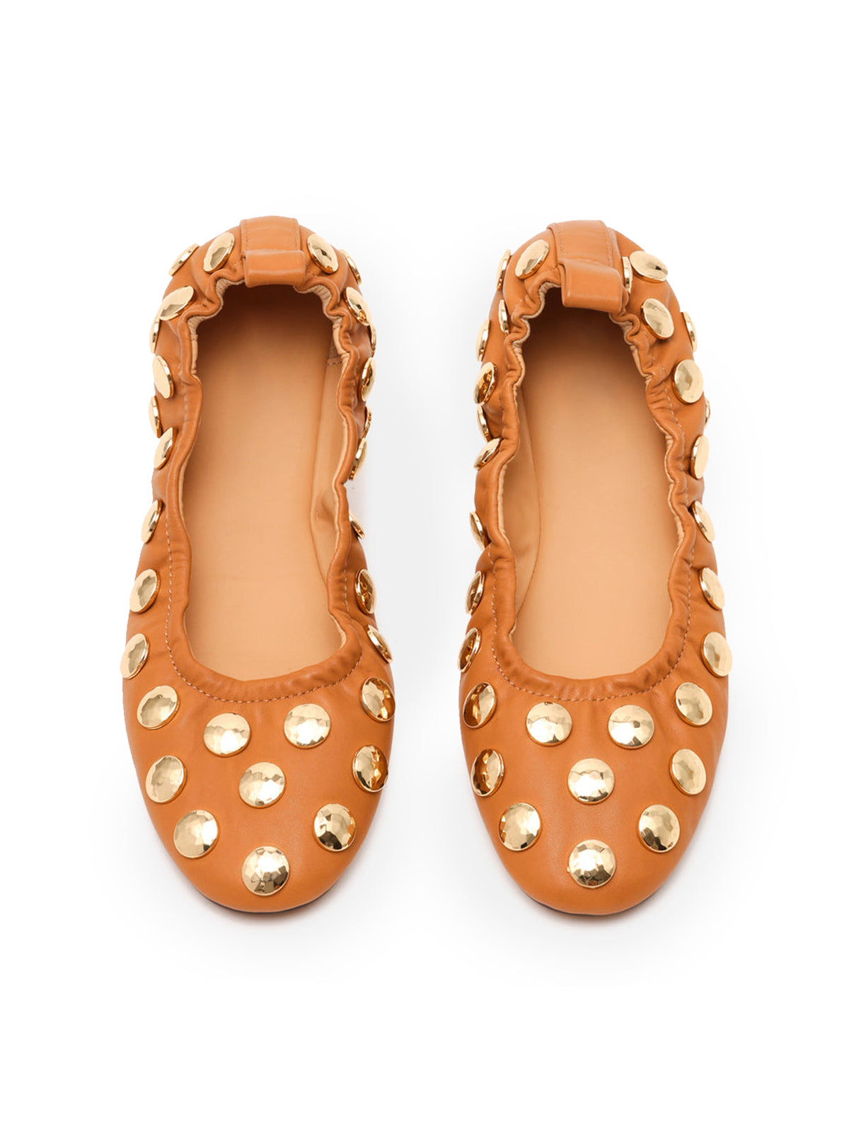 Tan Round-Toe Gold Studded Slip-On Ballet Flats