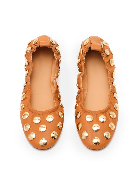 Tan Round-Toe Gold Studded Slip-On Ballet Flats