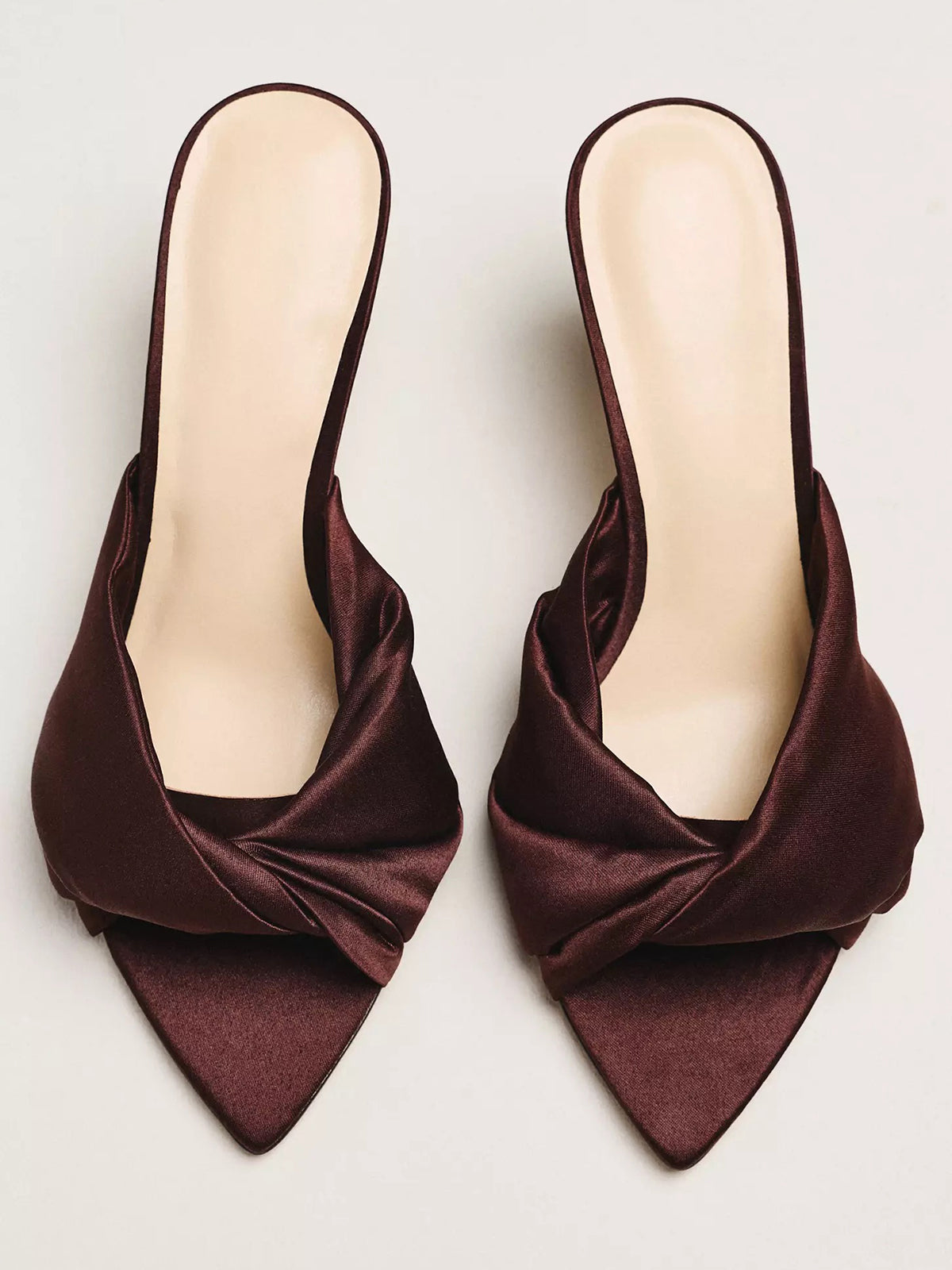 Satin Open Pointed-Toe Front Strap Backless Mules High Heels - Brown