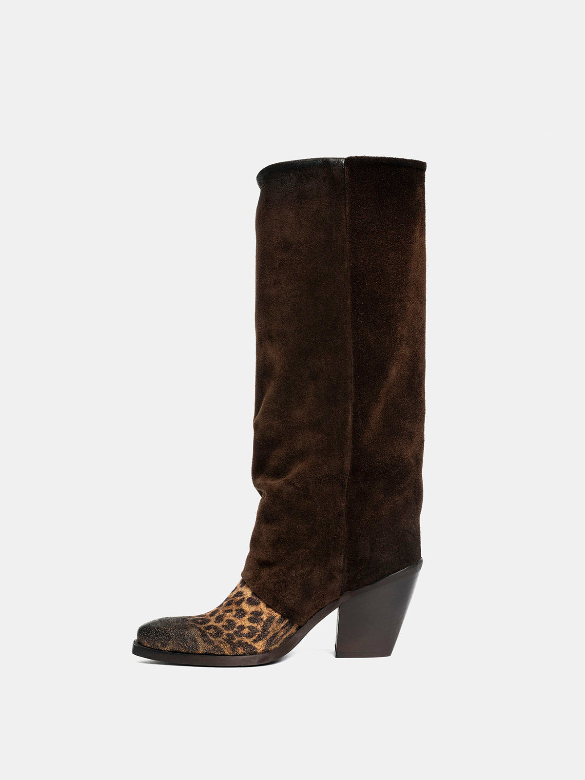 Contrast Dark Brown And Leopard Faux Suede Snip-Toe Wide Calf Knee High Cowgirl Boots