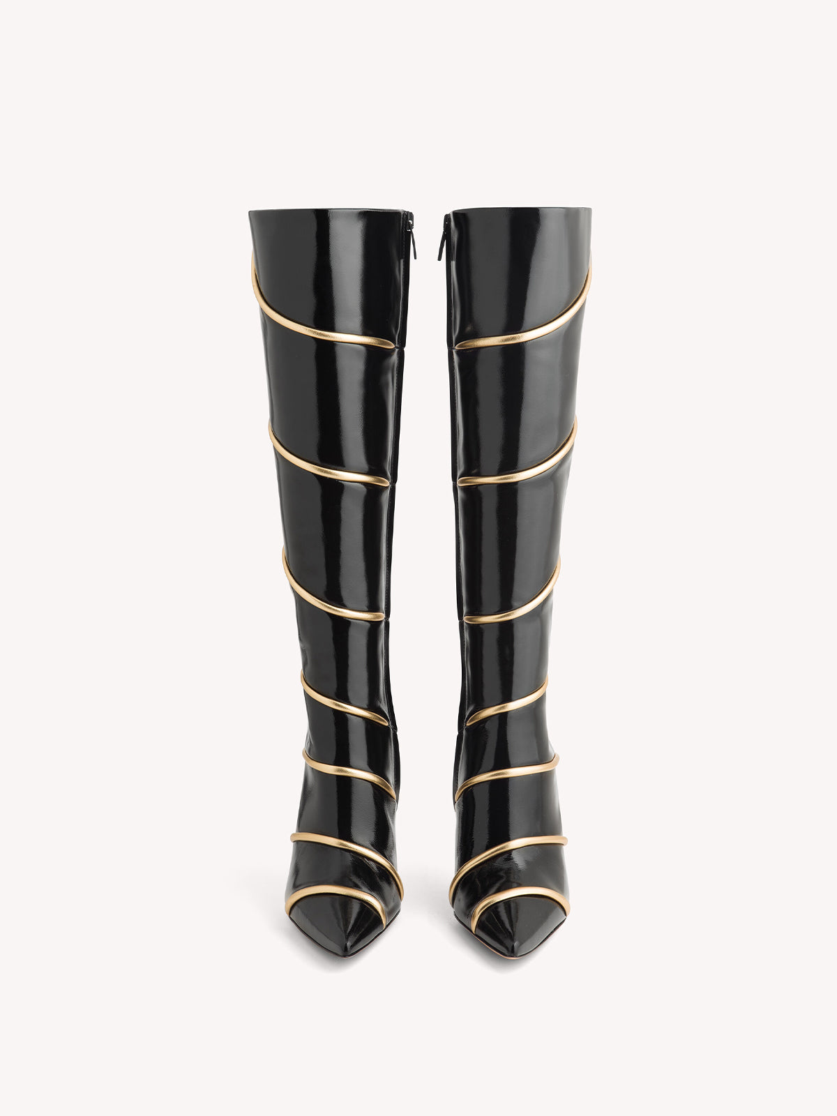 Patent Black Pointed-Toe Full-Zip Knee High Stiletto Boots With Metallic Gold Piping Spiral