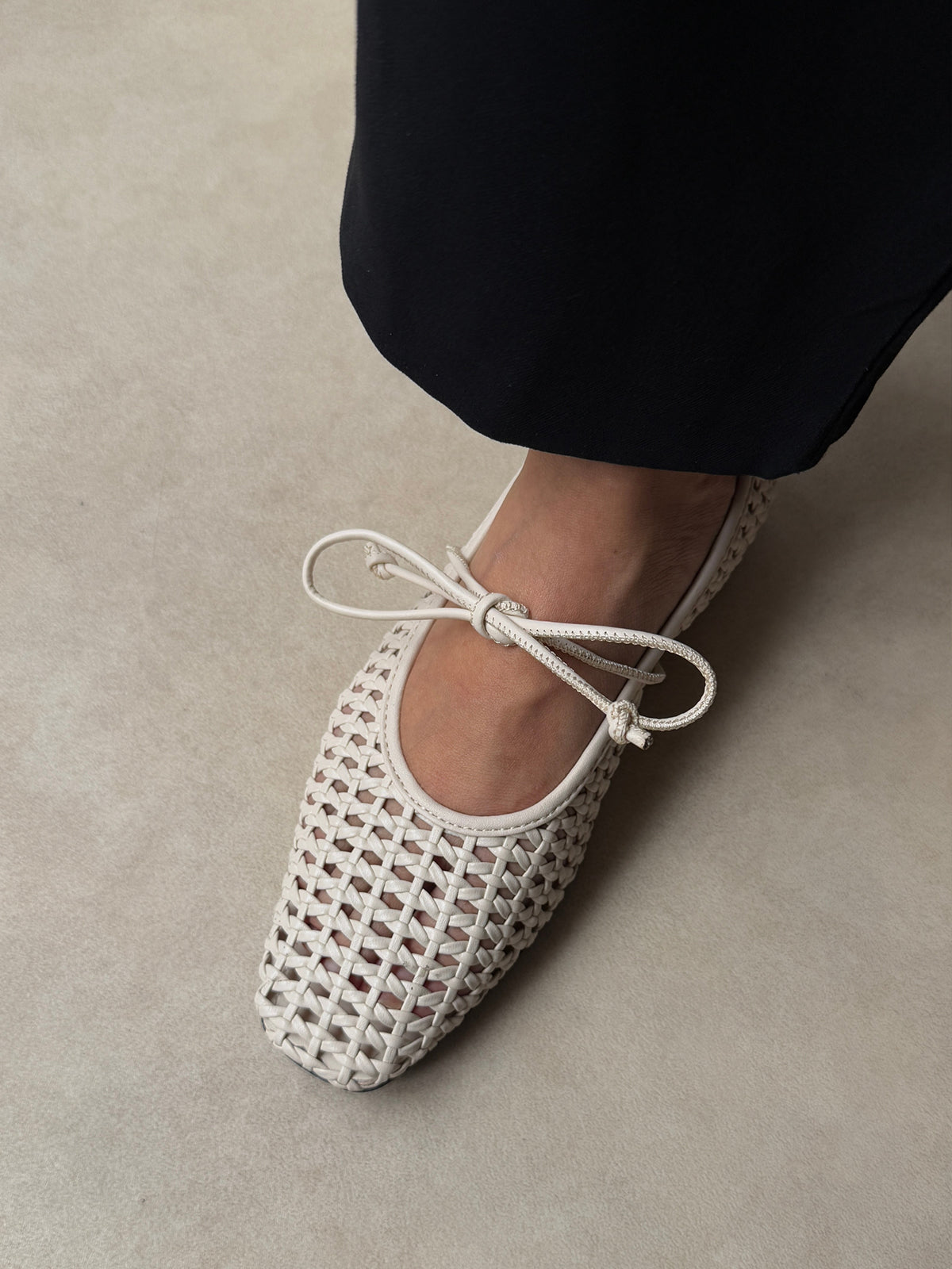 Beige Woven Vegan Leather Square-Toe Mary Jane Stylish Ballet Flats