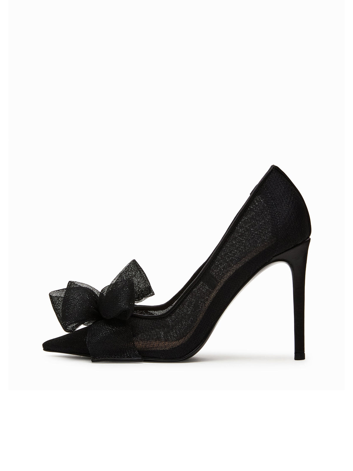 Black Satin Mesh Pointed-Toe Big Front Bow Classic High Heels